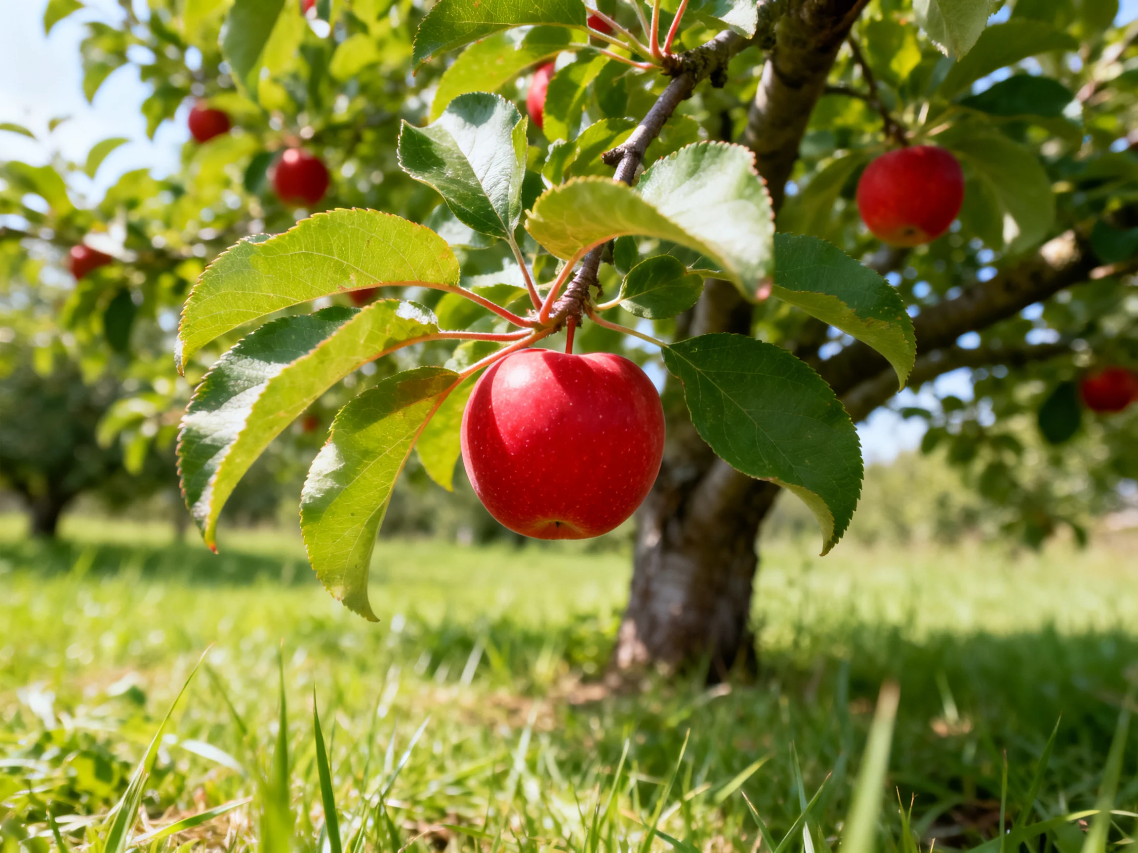 Vibrant Red Apples Hang from Lush Green Trees in Sunlit Orchard