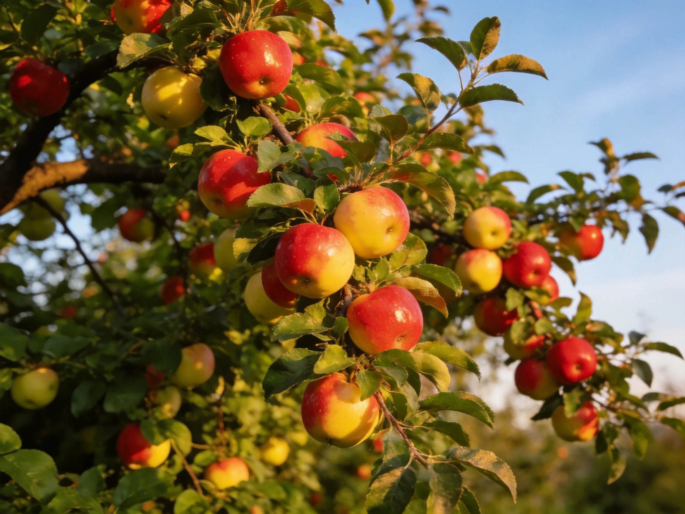 Vibrant Red and Yellow Apples Abundantly Grow on Lush Tree Branches
