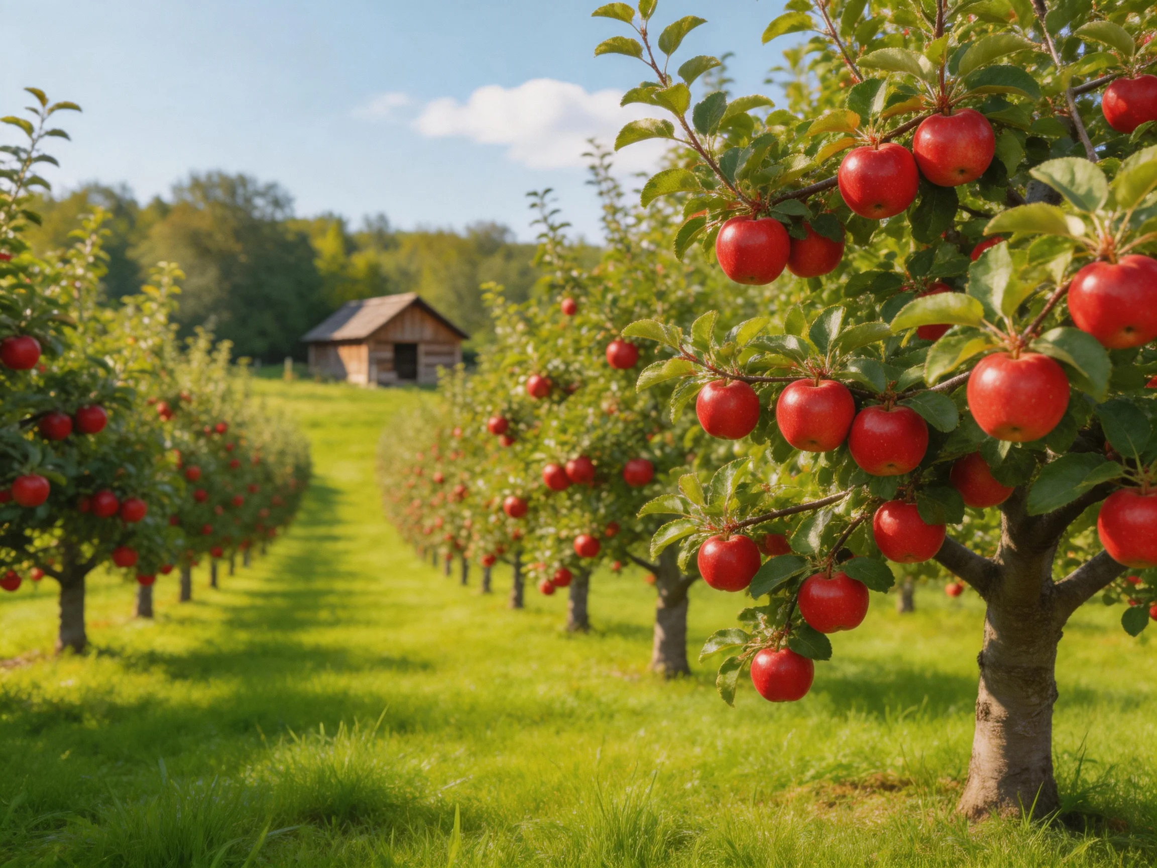 Vibrant apple orchard with red fruits and green grasses