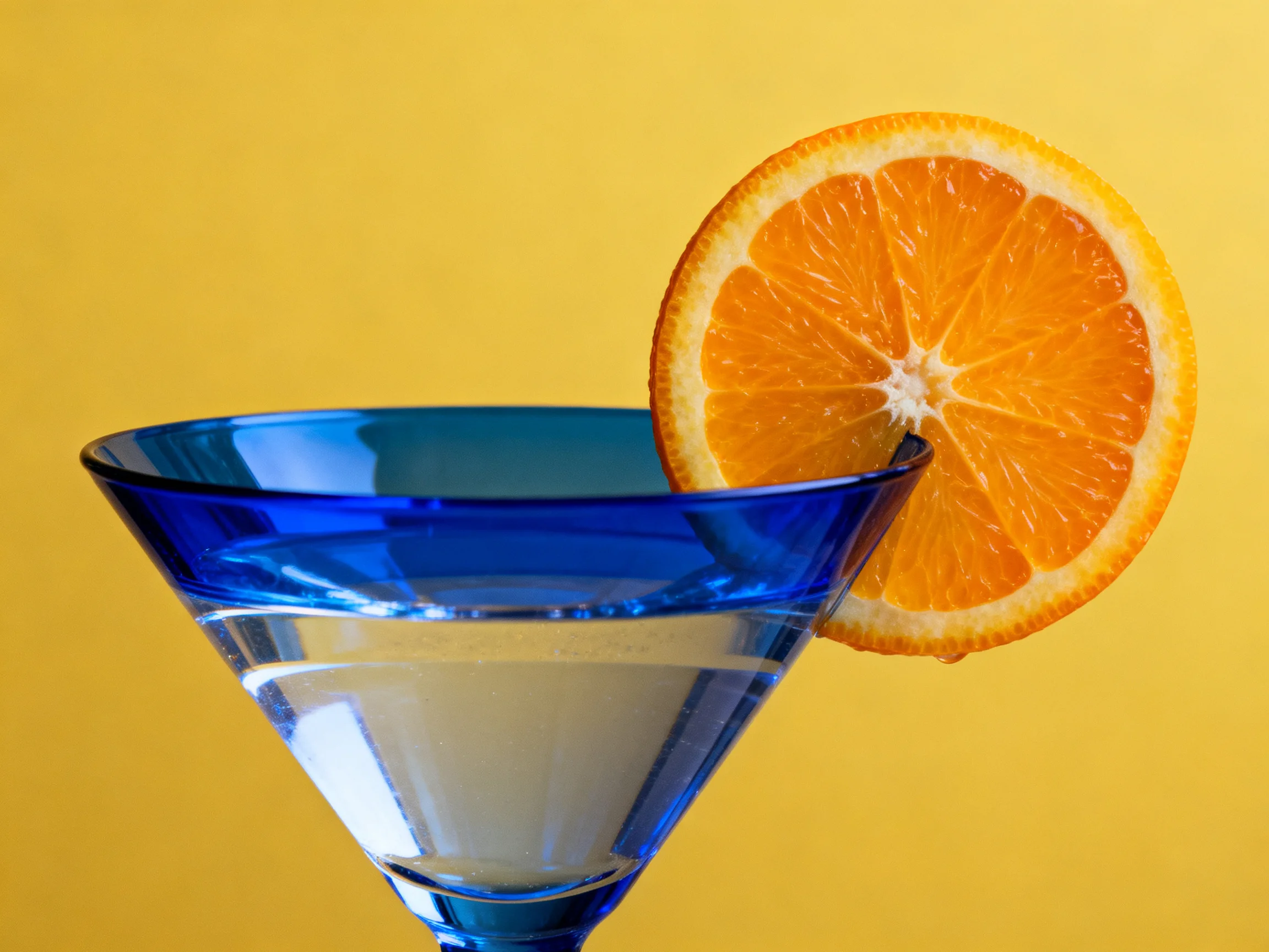 Vibrant blue martini glass with orange garnish on yellow background