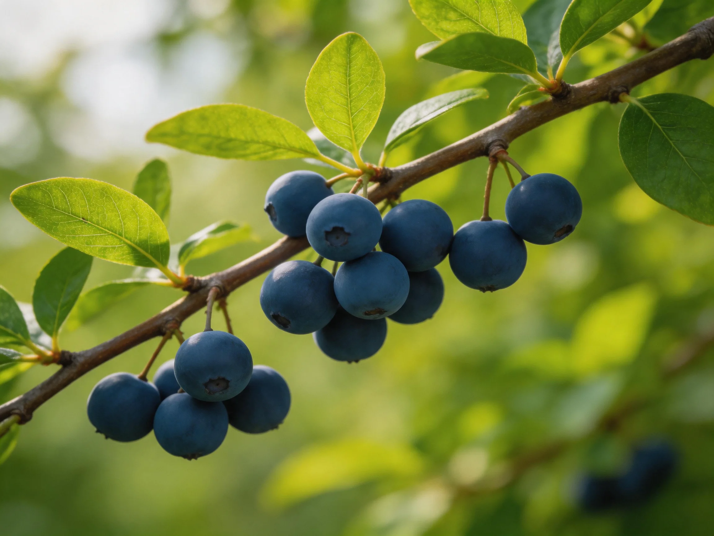 Vibrant blueberries cluster on a brown branch with lush green leaves