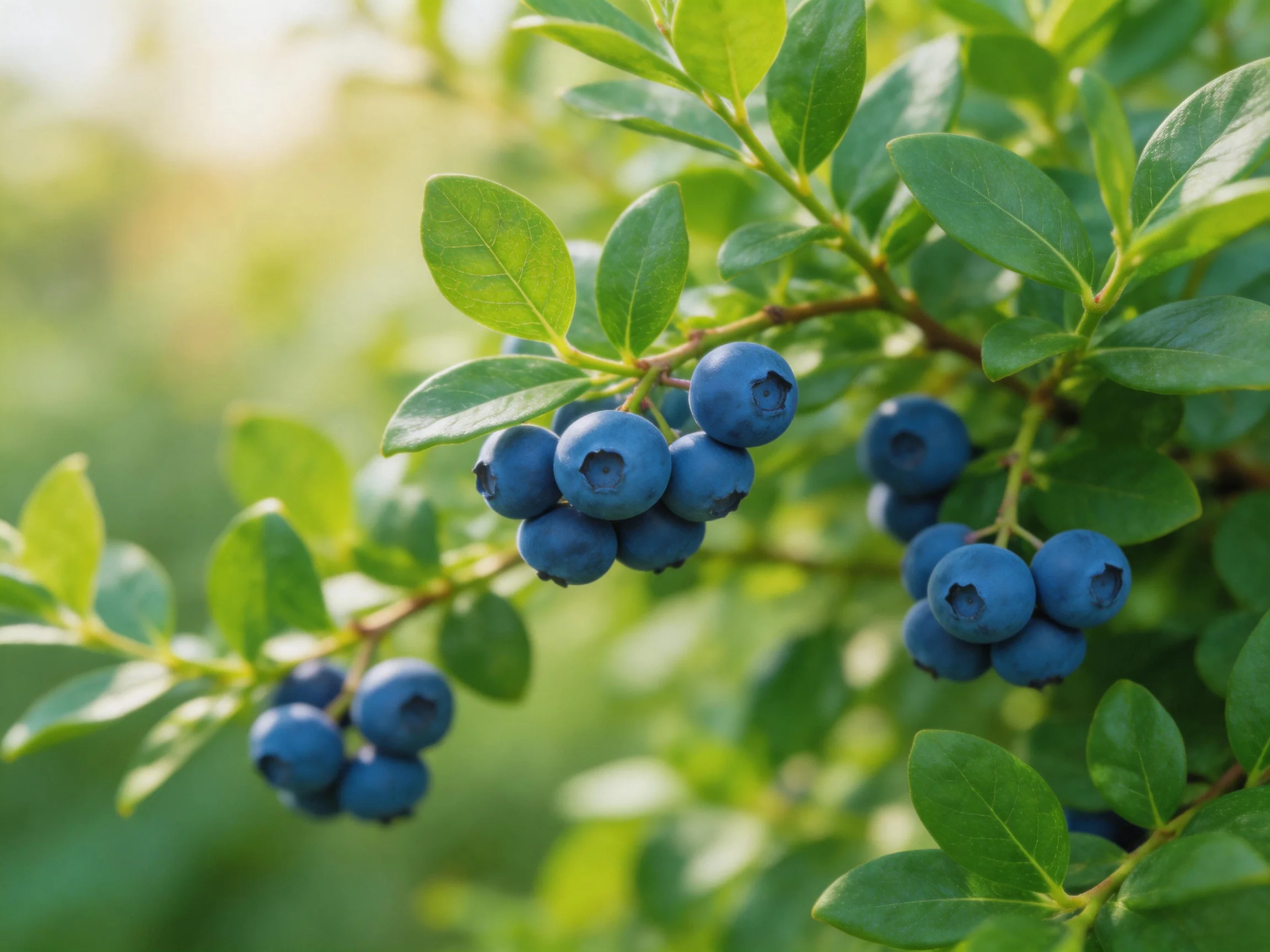 Vibrant blueberry clusters hang among lush green foliage