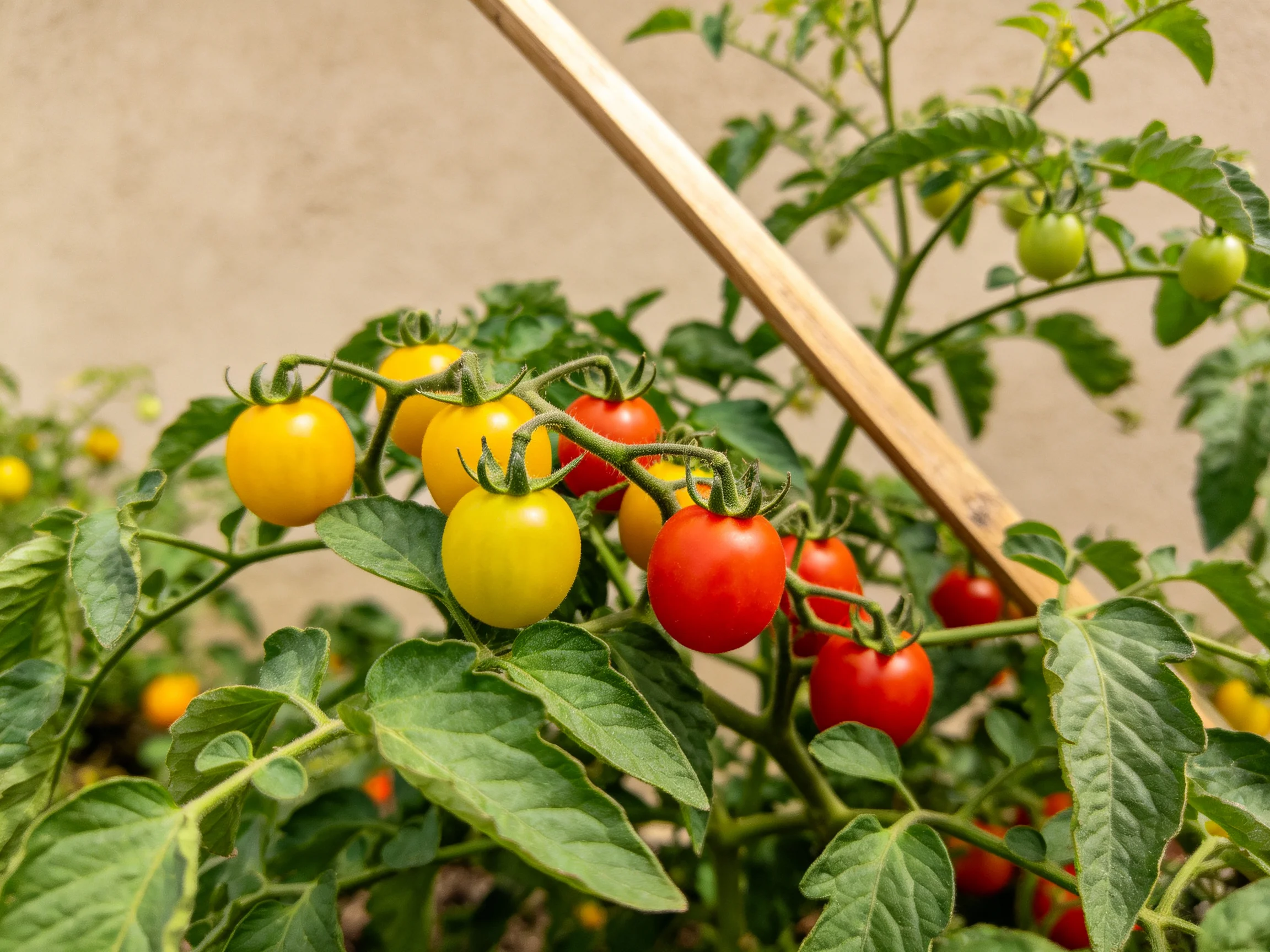 Vibrant cherry tomato cluster with red, yellow, and green fruits