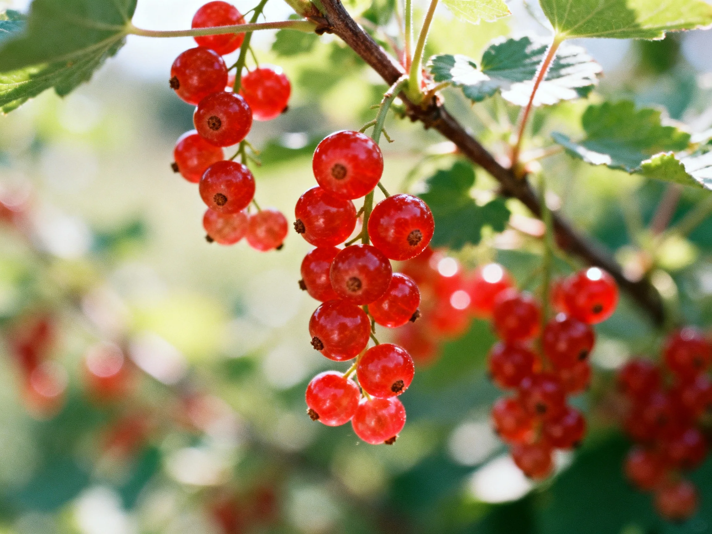 Vibrant clusters of red currants hang from a branch amid green foliage