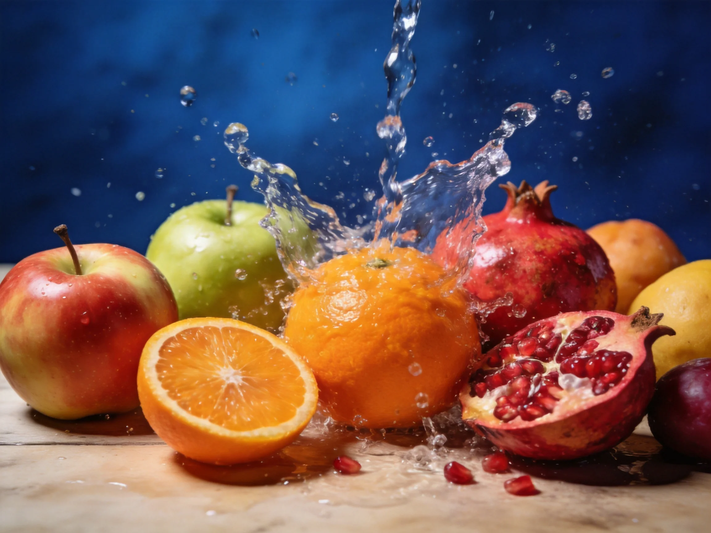 Vibrant fresh fruits with dynamic water splash, featuring apples, oranges, and pomegranates