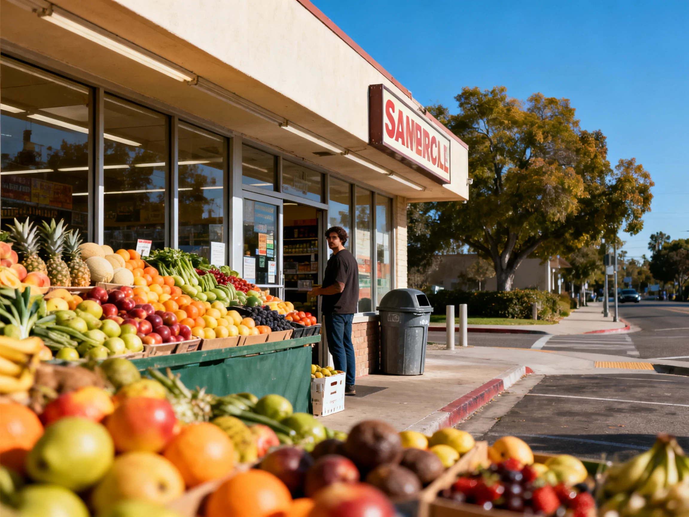 Vibrant fruit display outside a local supermarket with diverse produce