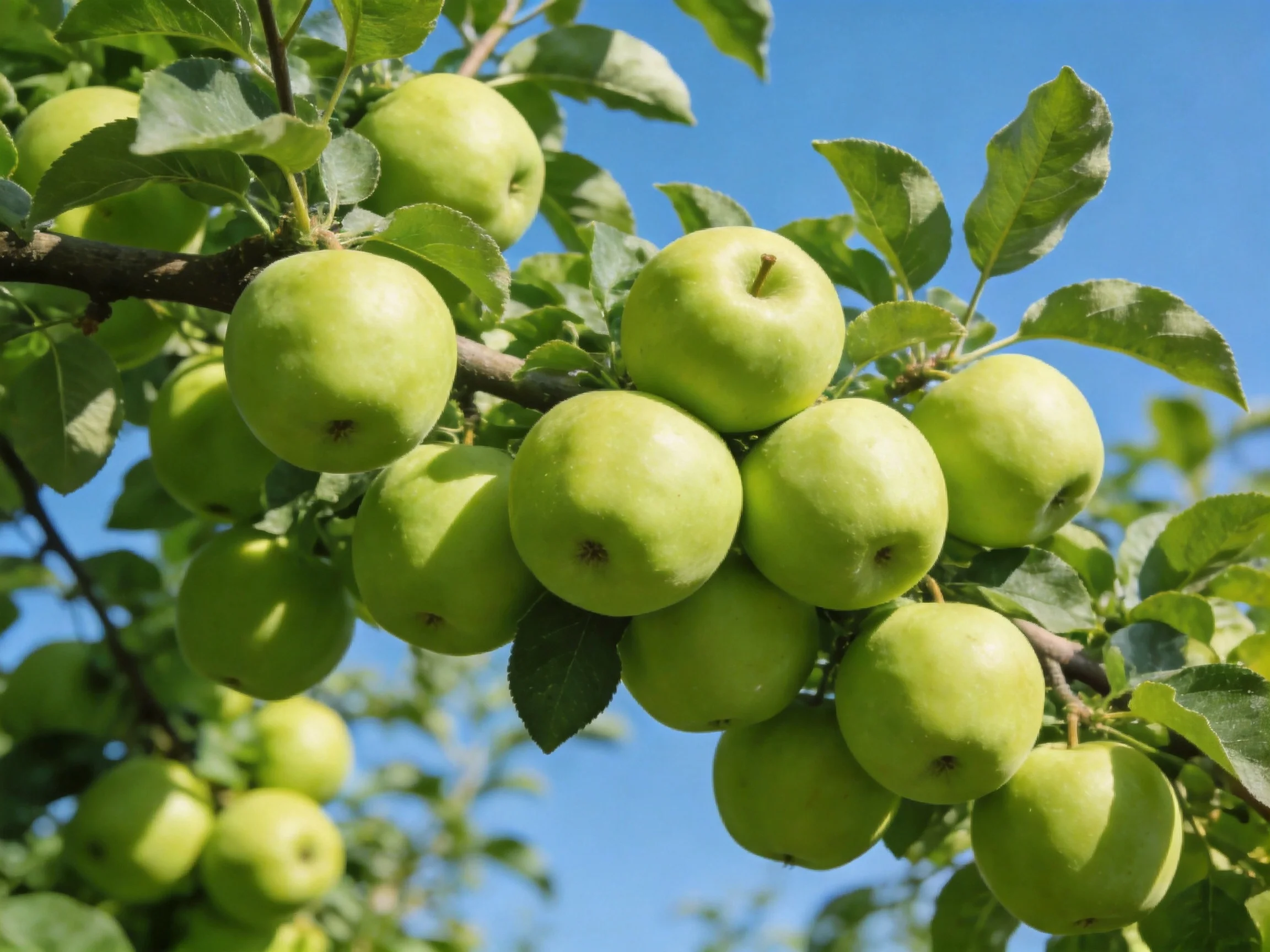 Vibrant green apples clustered on tree branches