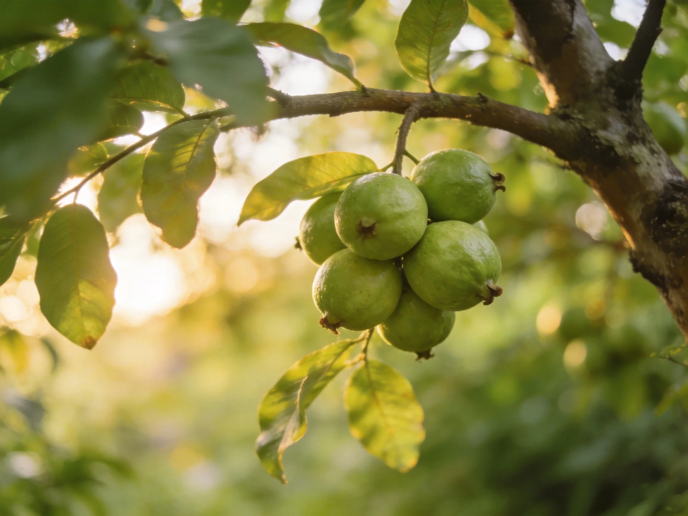 Vibrant green guavas cluster on a sunlit tree branch
