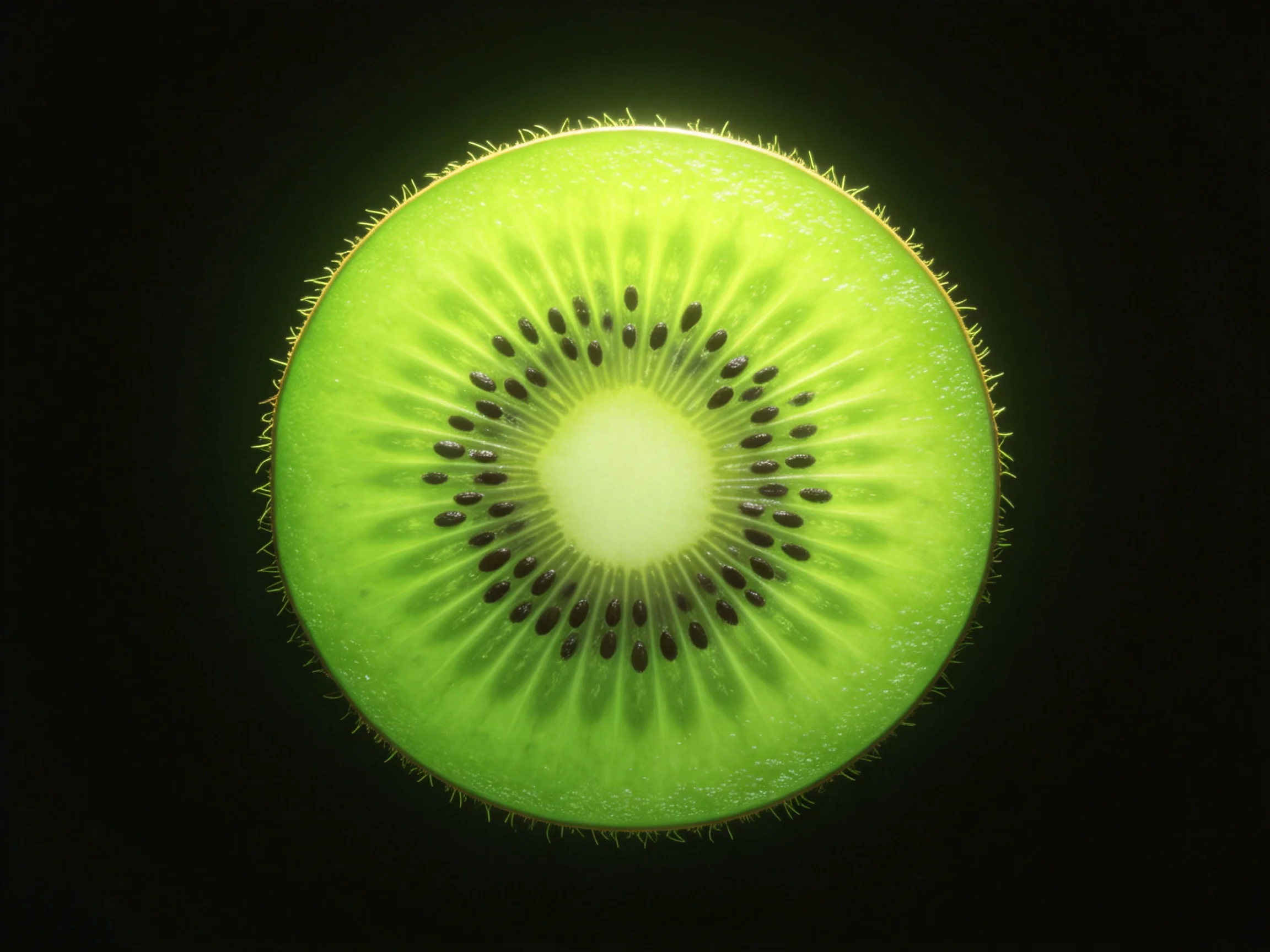 Vibrant green kiwi fruit slice with dark seeds against a black background