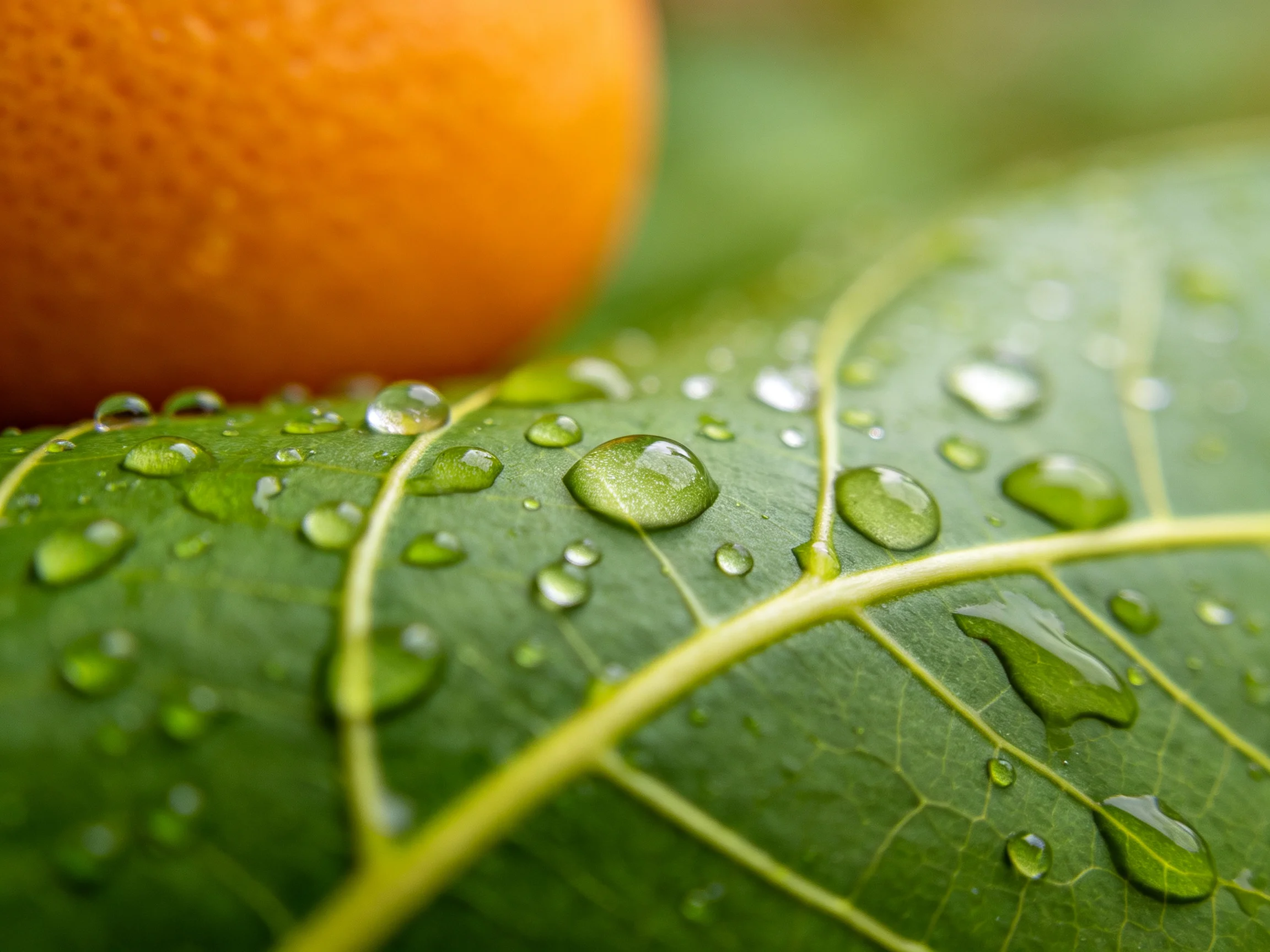 Vibrant green leaf with glistening water droplets beside an orange fruit