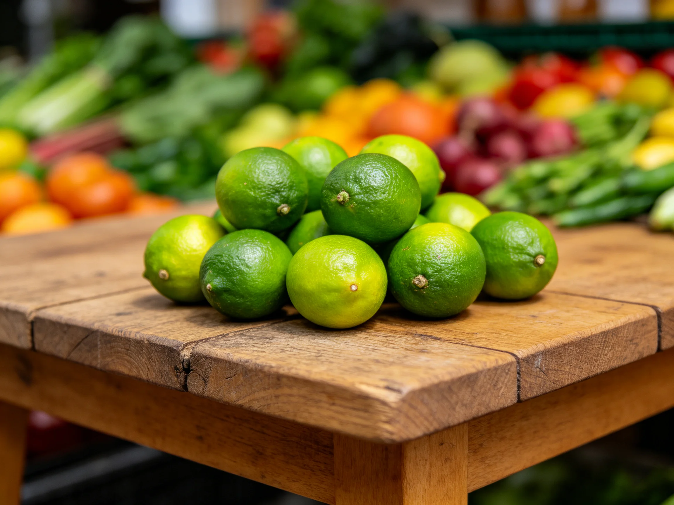 Vibrant green limes clustered on a rustic wooden table with assorted produce