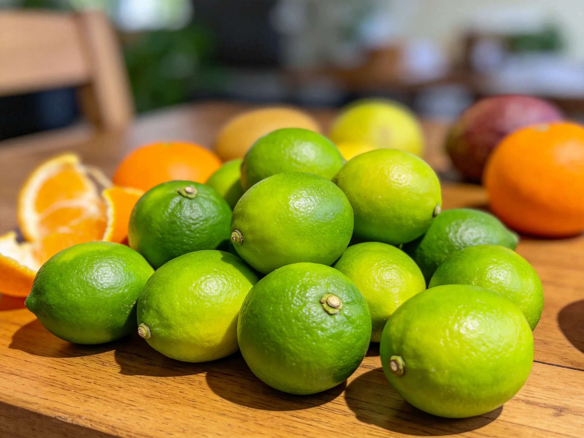 Vibrant green limes surrounded by oranges and citrus fruits on a wooden table