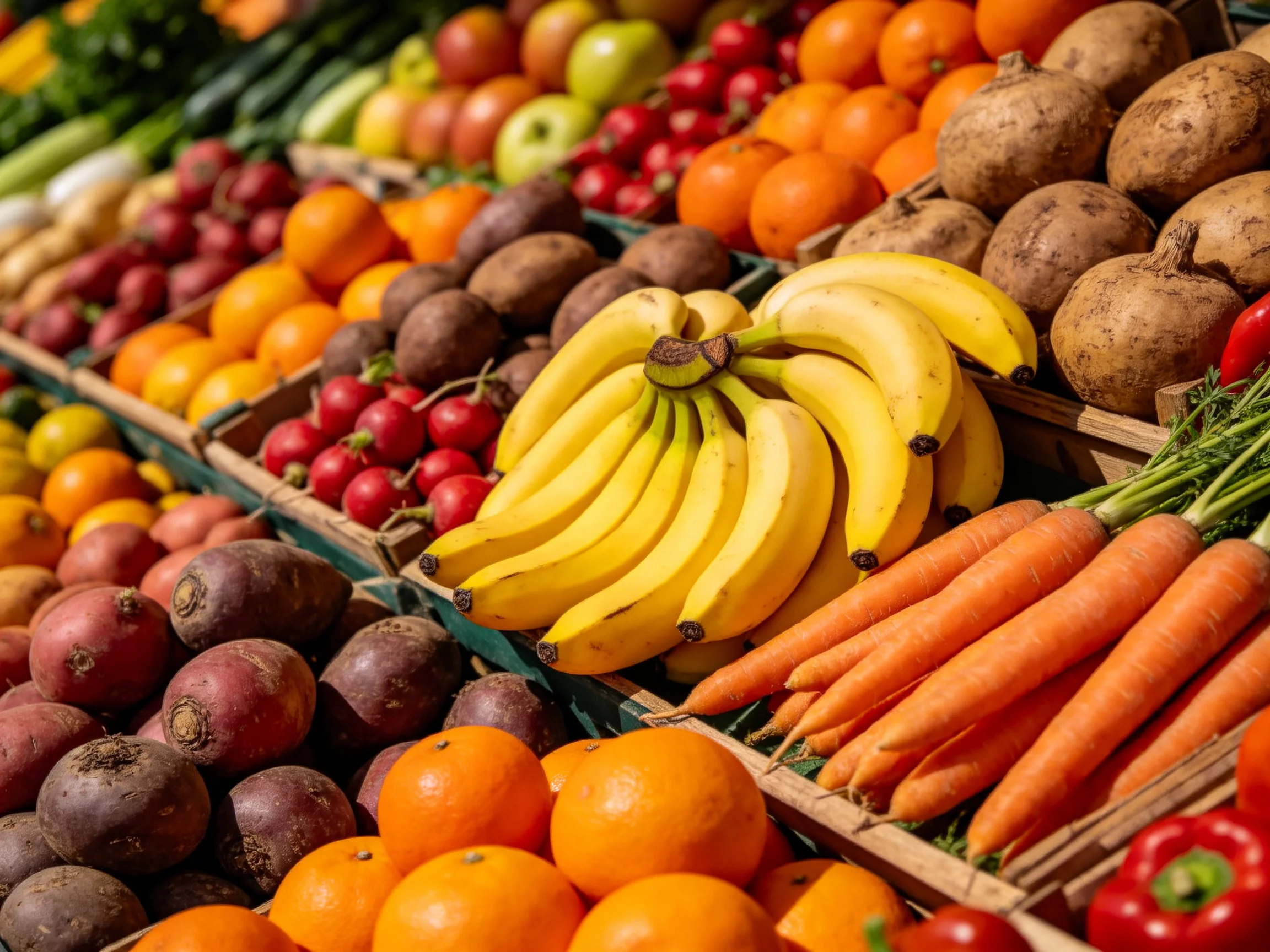 Vibrant market stall showcasing diverse fresh produce