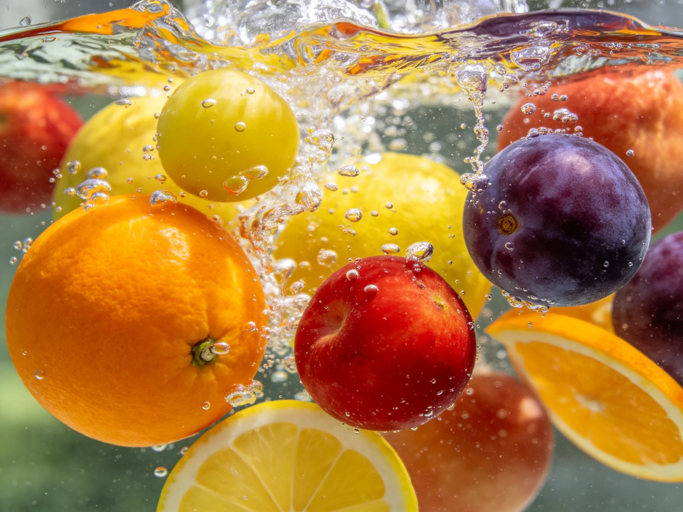 Vibrant mixed fruits splashing underwater with bubbles