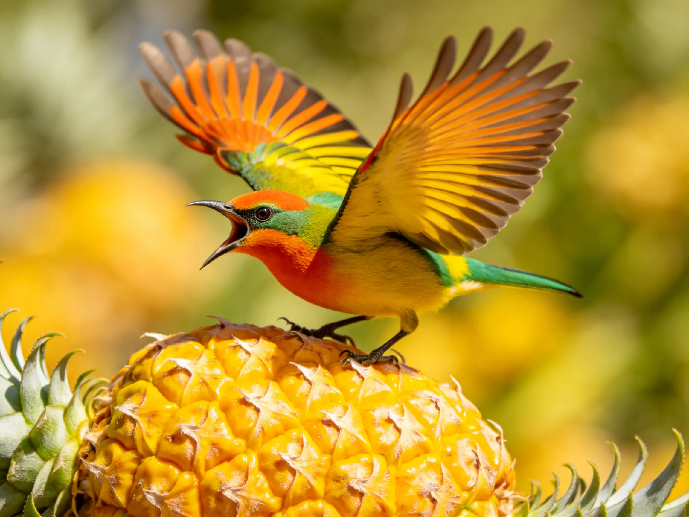Vibrant multicolored bird perched on a golden pineapple with spread wings