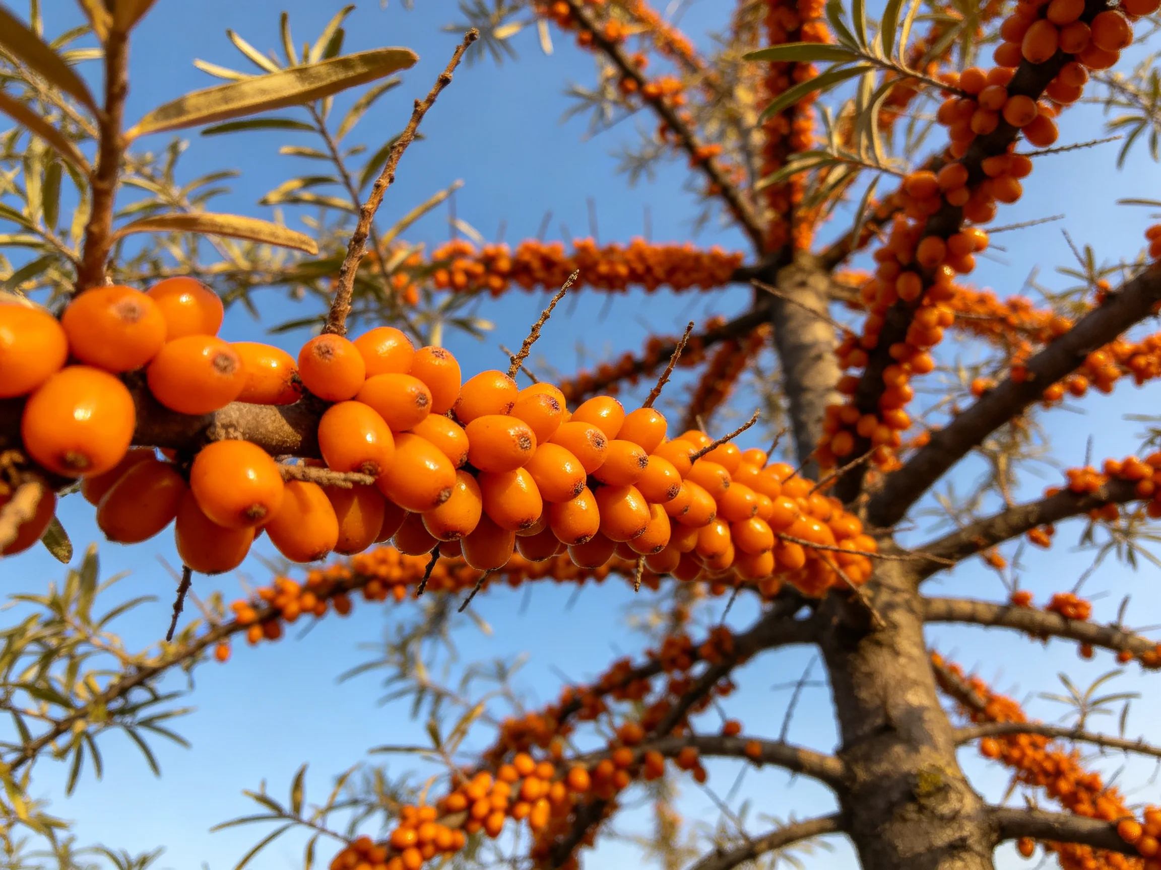 Vibrant orange berry clusters adorn a sea buckthorn tree beneath clear blue sky