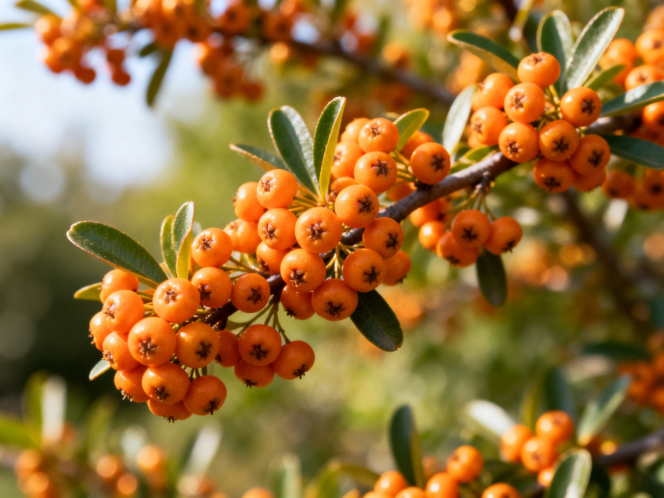 Vibrant orange berry clusters adorn dark branches with glossy green leaves