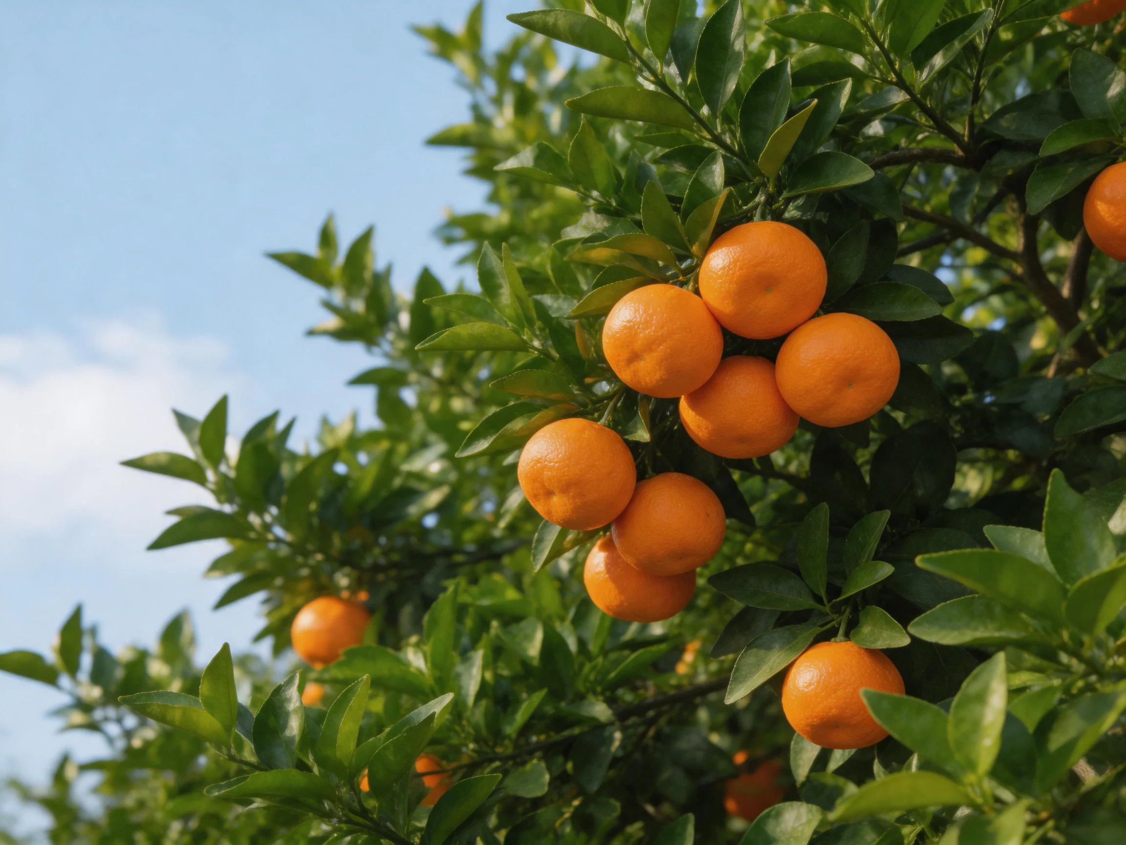 Vibrant orange citrus fruits cluster among lush green foliage under clear blue skies