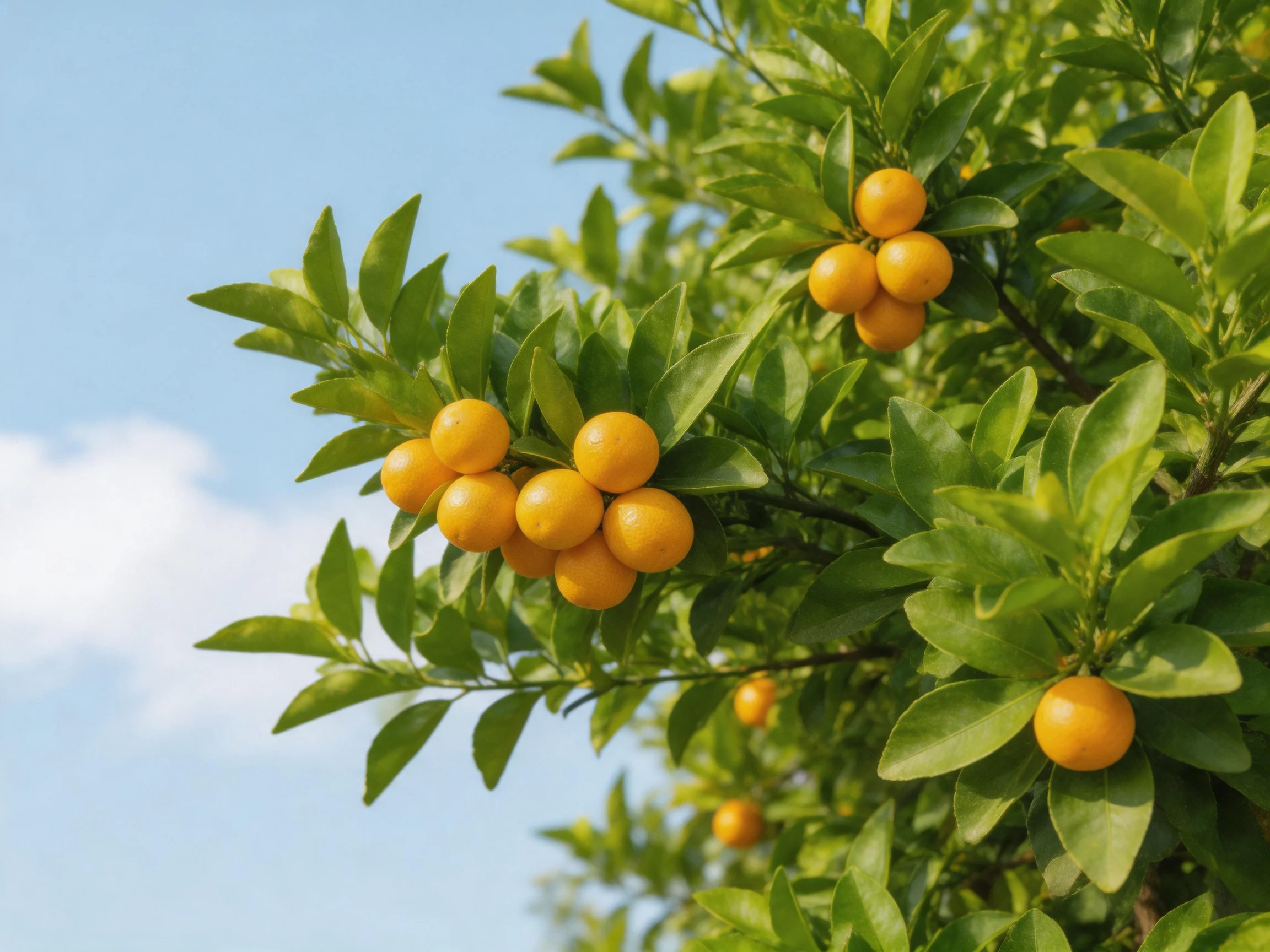 Vibrant orange citrus fruits clustered among glossy green leaves under clear blue sky