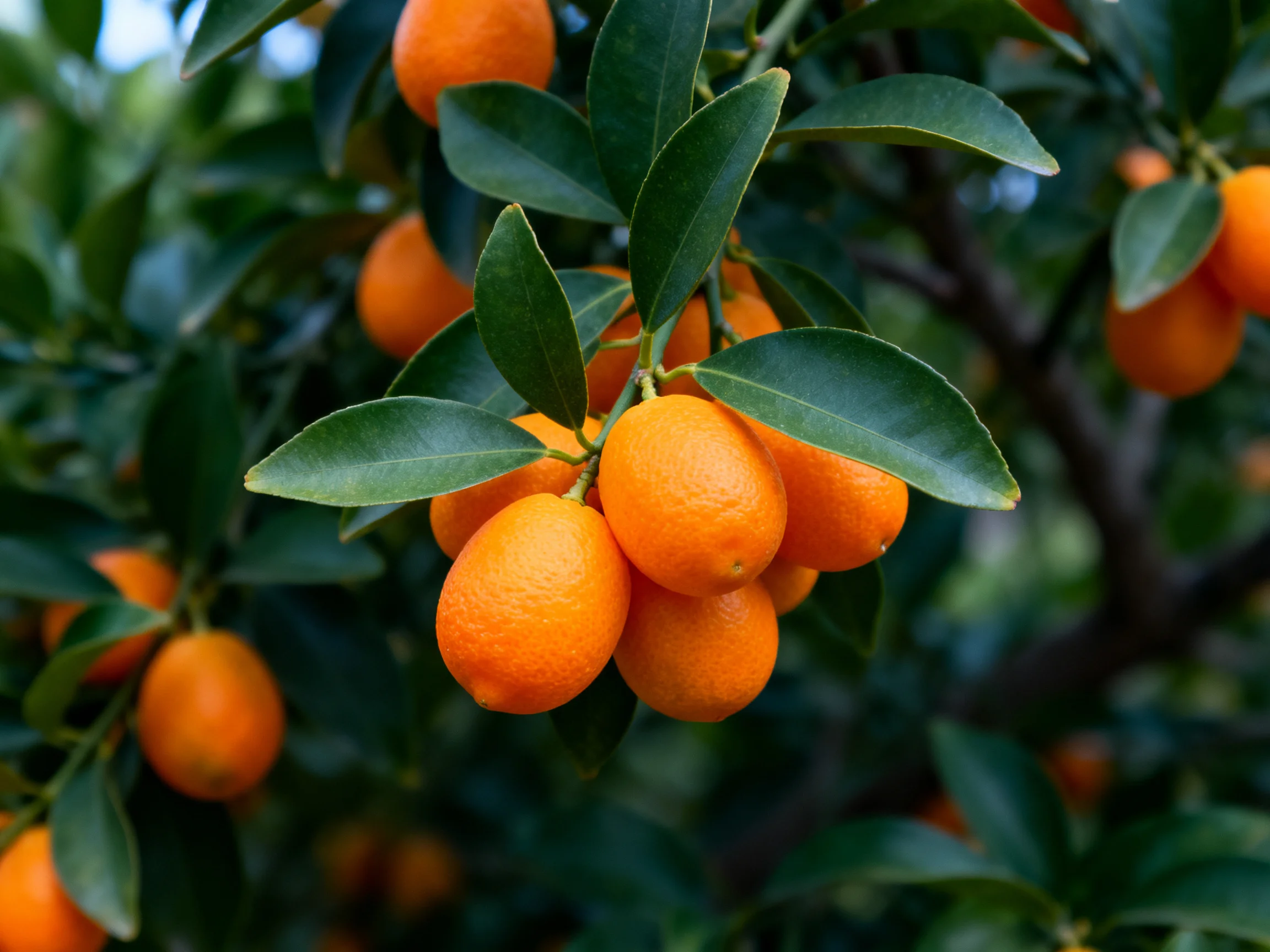 Vibrant orange citrus fruits clustered among glossy green leaves