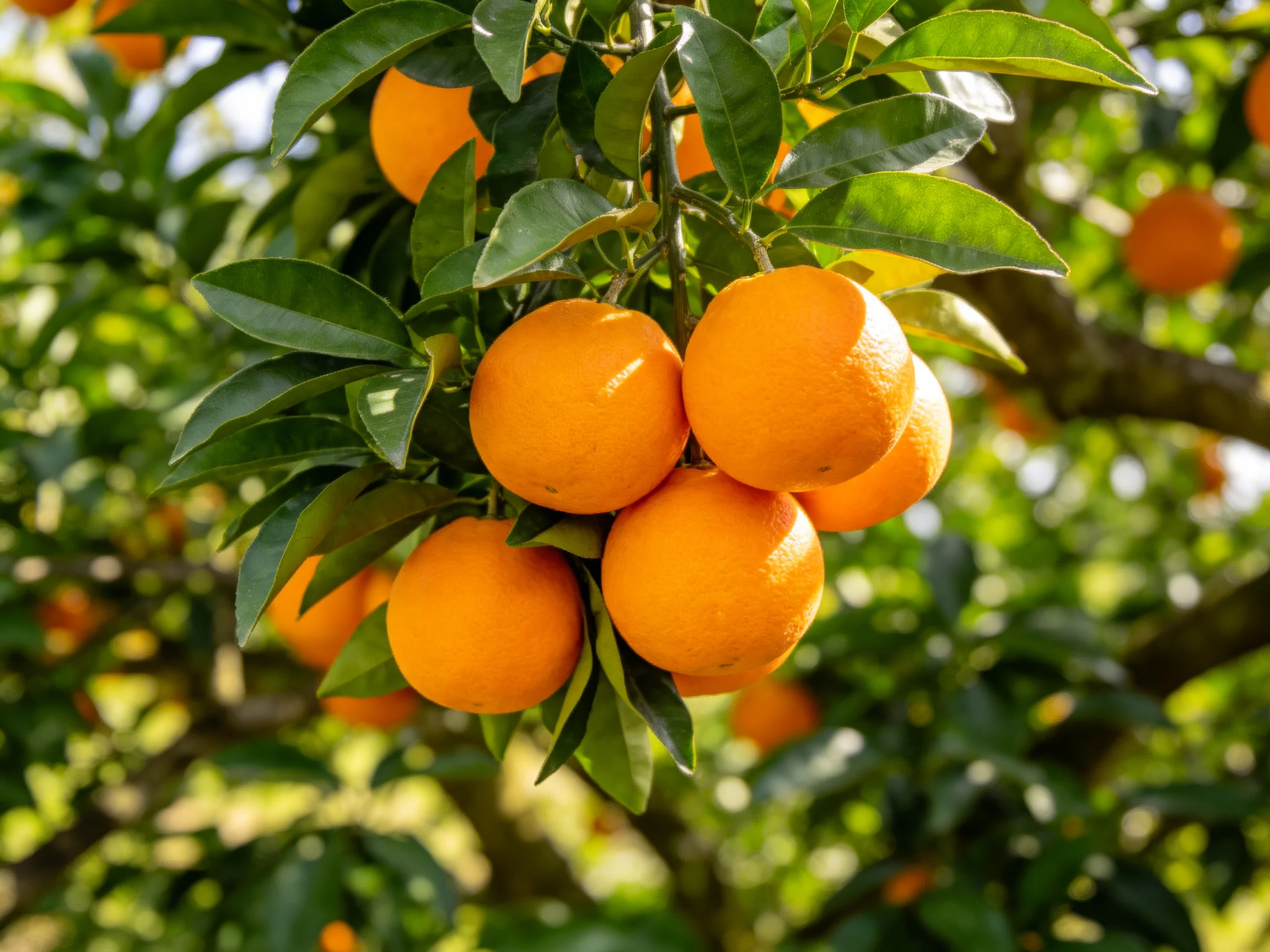 Vibrant orange citrus fruits clustered among lush green foliage