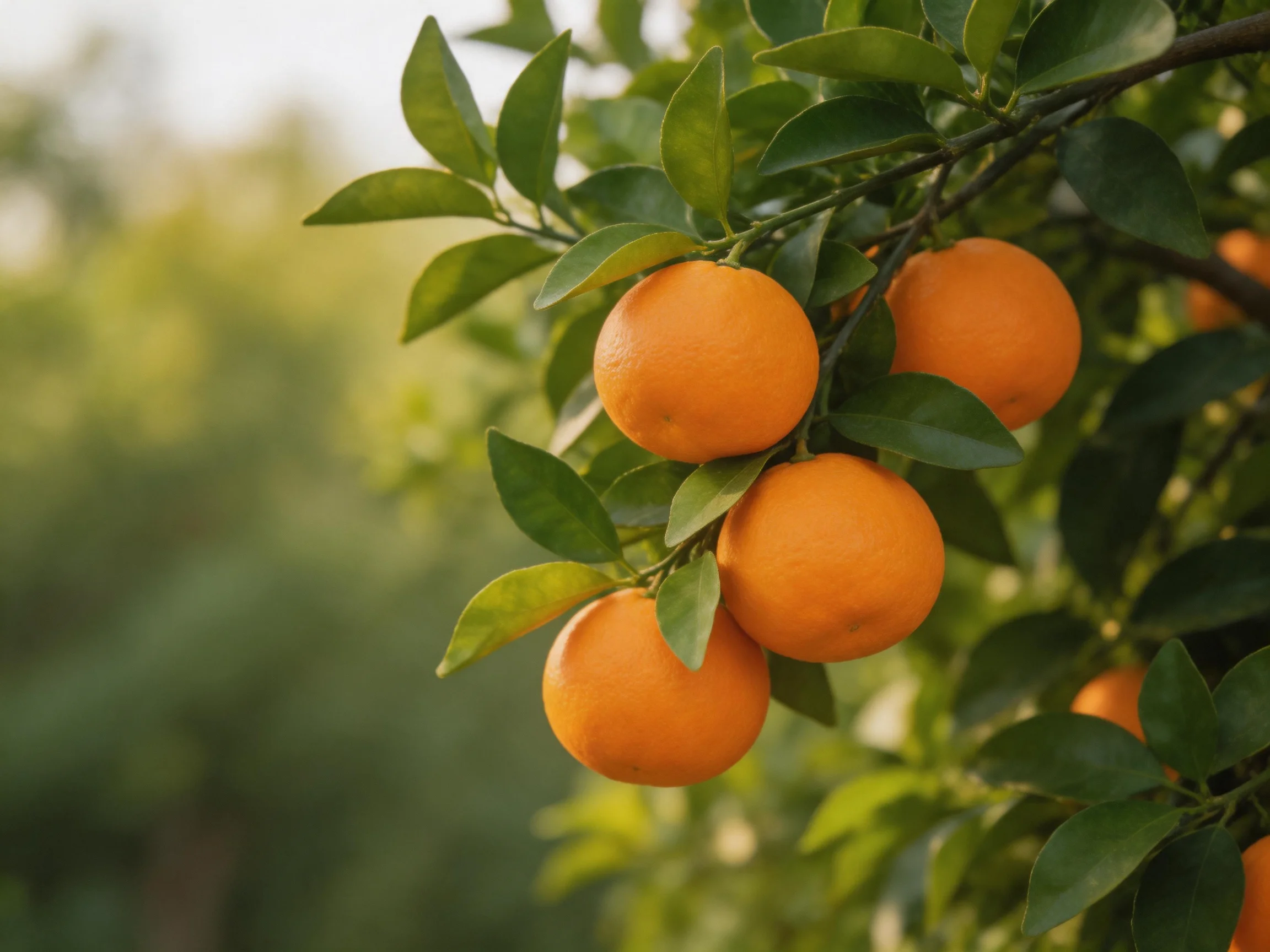 Vibrant orange citrus fruits hang from a leafy tree branch