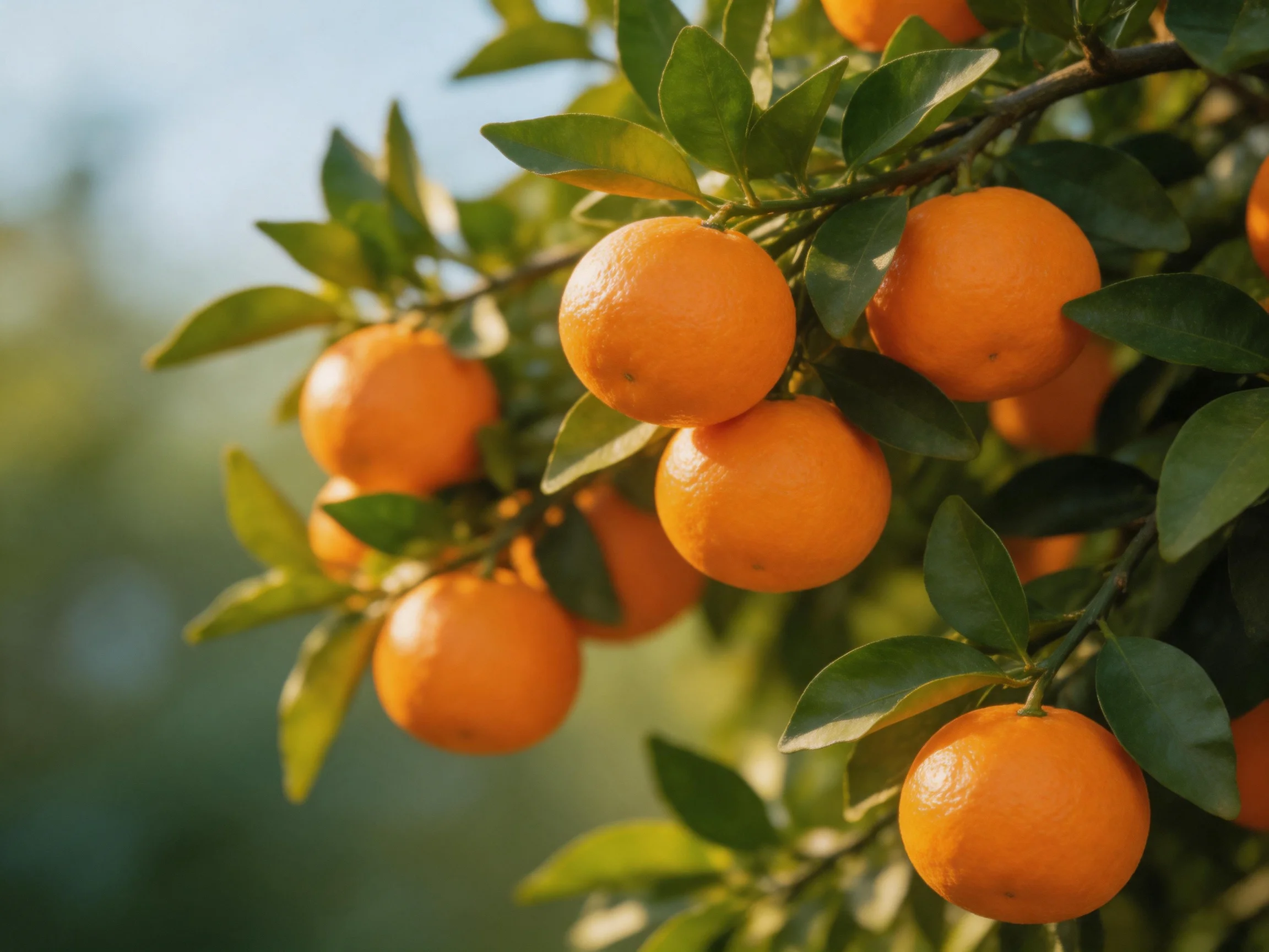 Vibrant orange citrus fruits hang from lush green branches