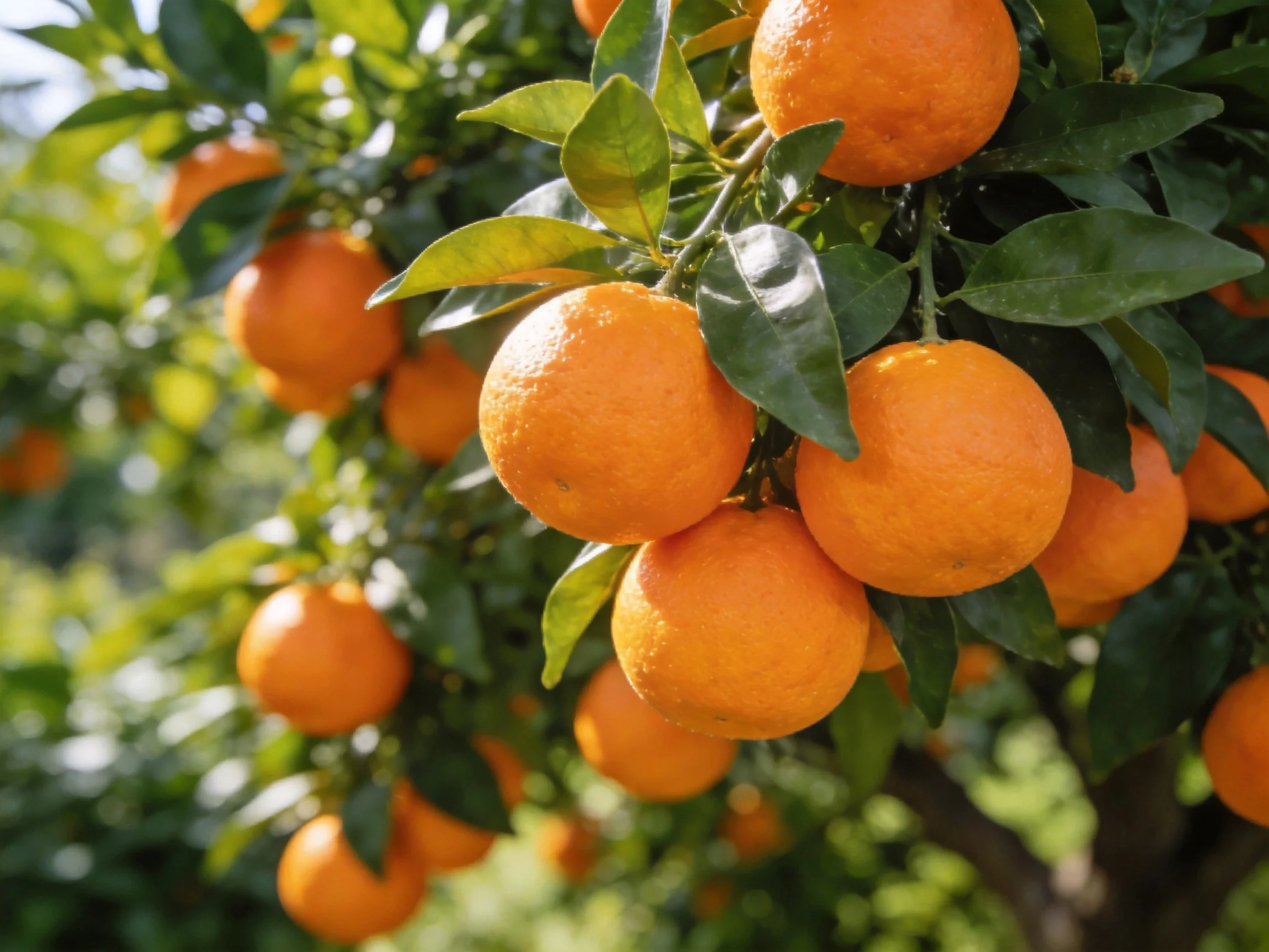 Vibrant orange citrus fruits hang from lush green tree branches
