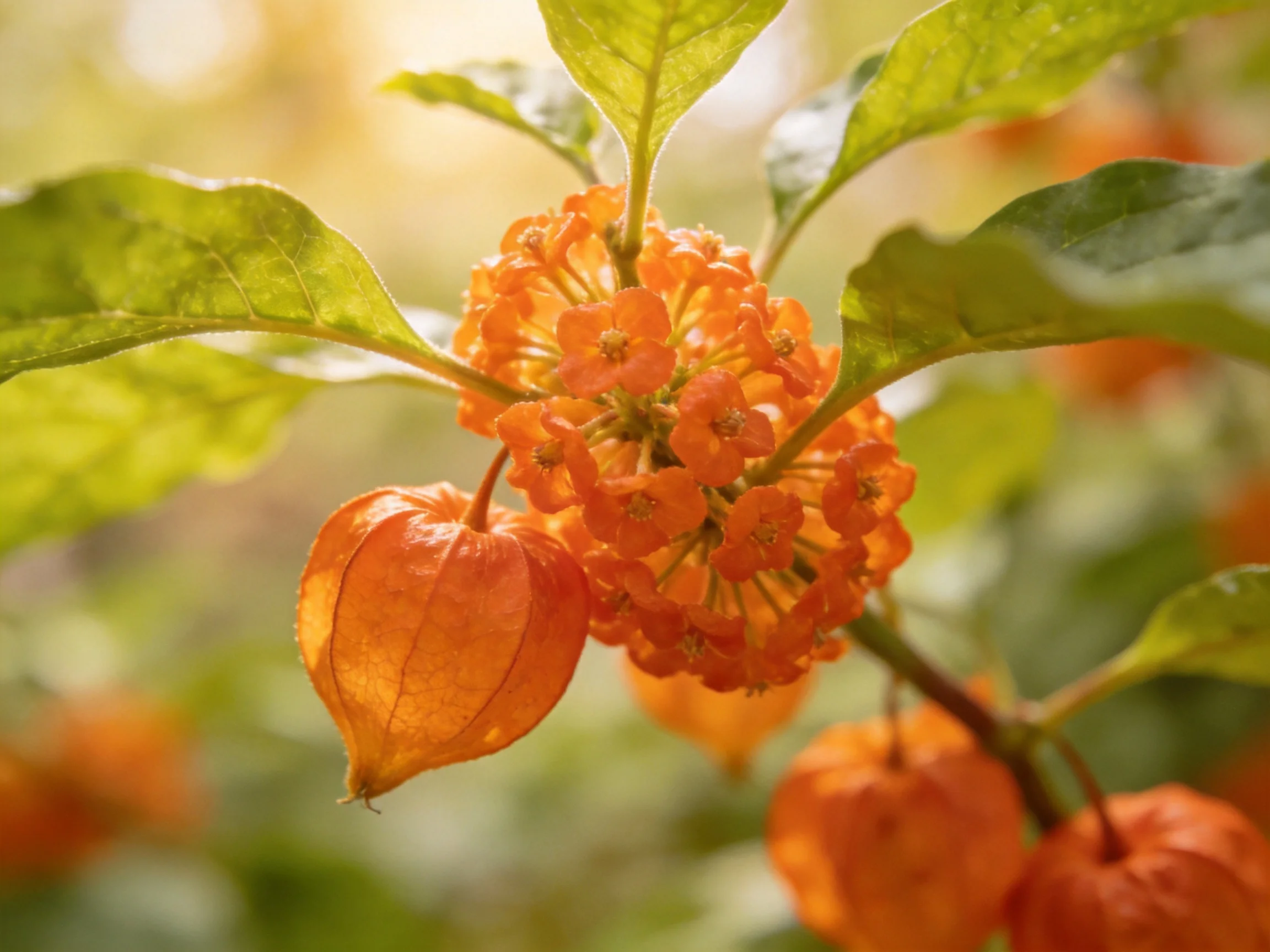 Vibrant orange flowers cluster near glowing lantern-shaped fruits amid lush green leaves