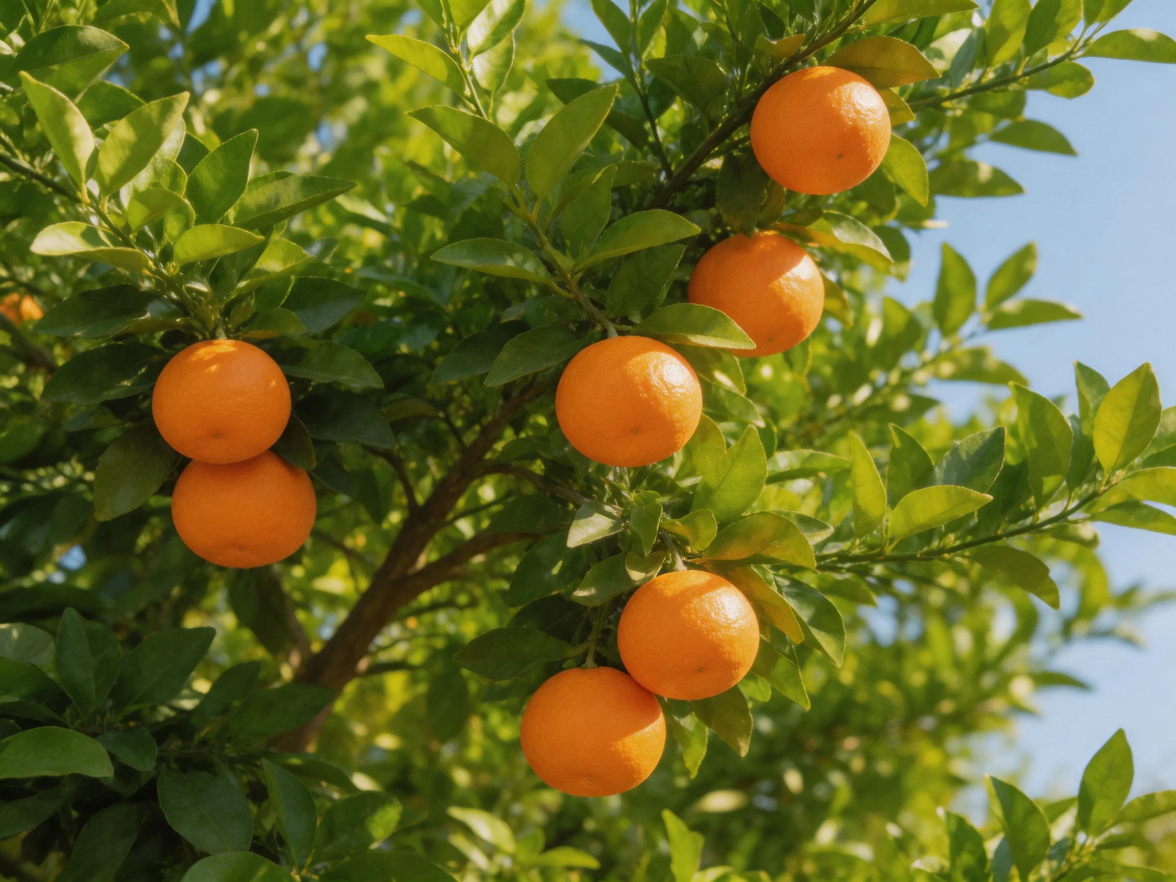 Vibrant orange fruits hang from a lush green citrus tree
