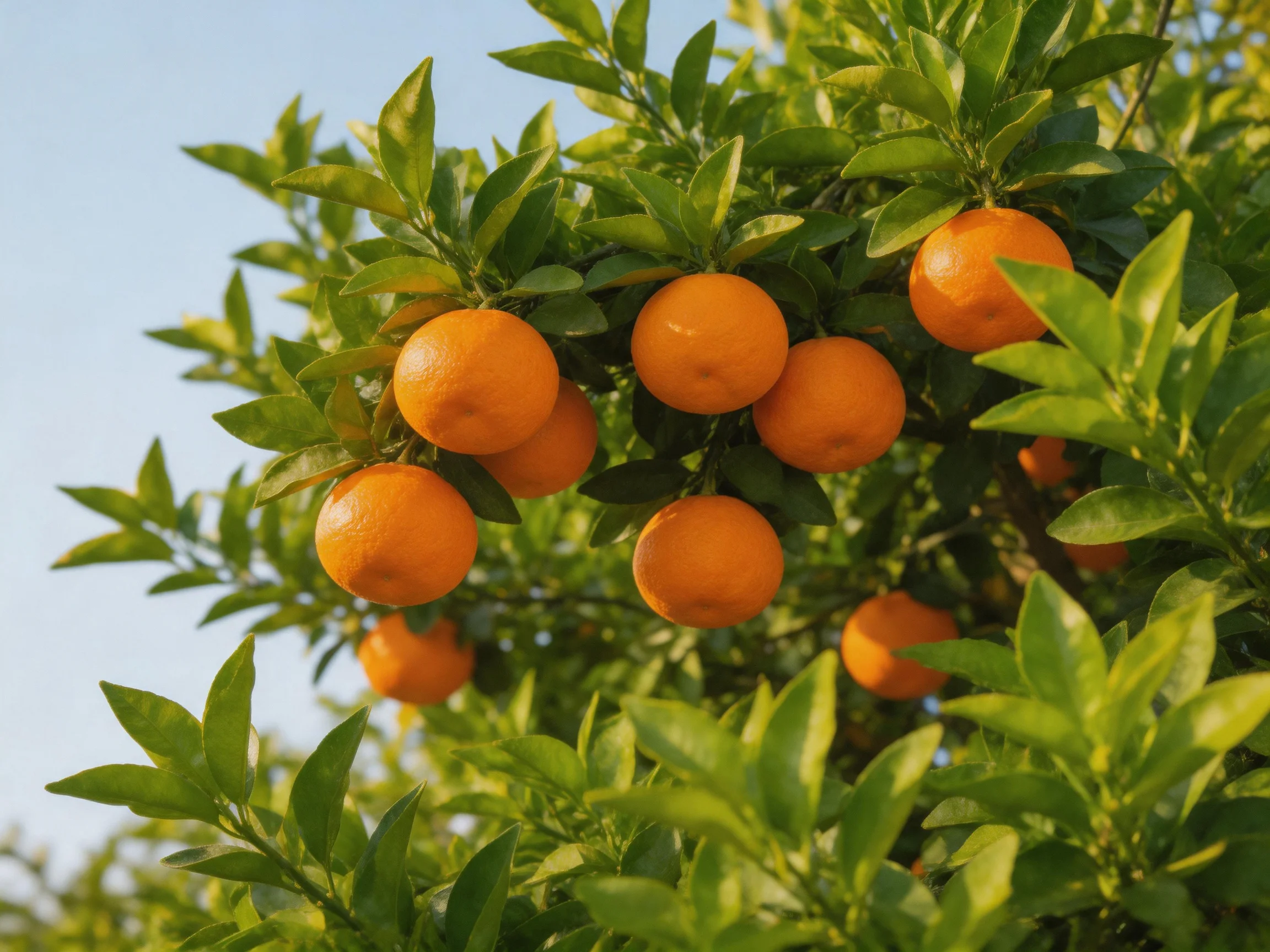 Vibrant orange fruits hang from a lush green citrus tree