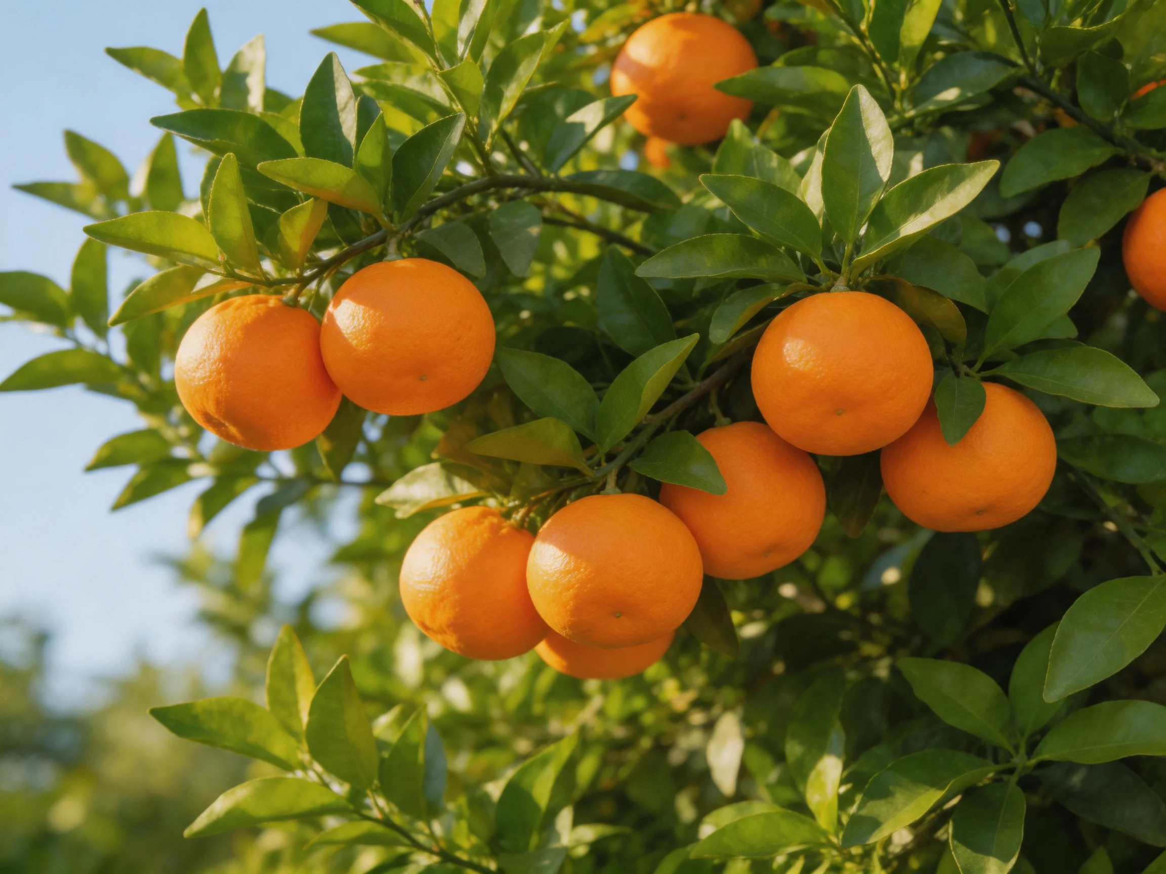 Vibrant orange fruits hang from a lush green citrus tree