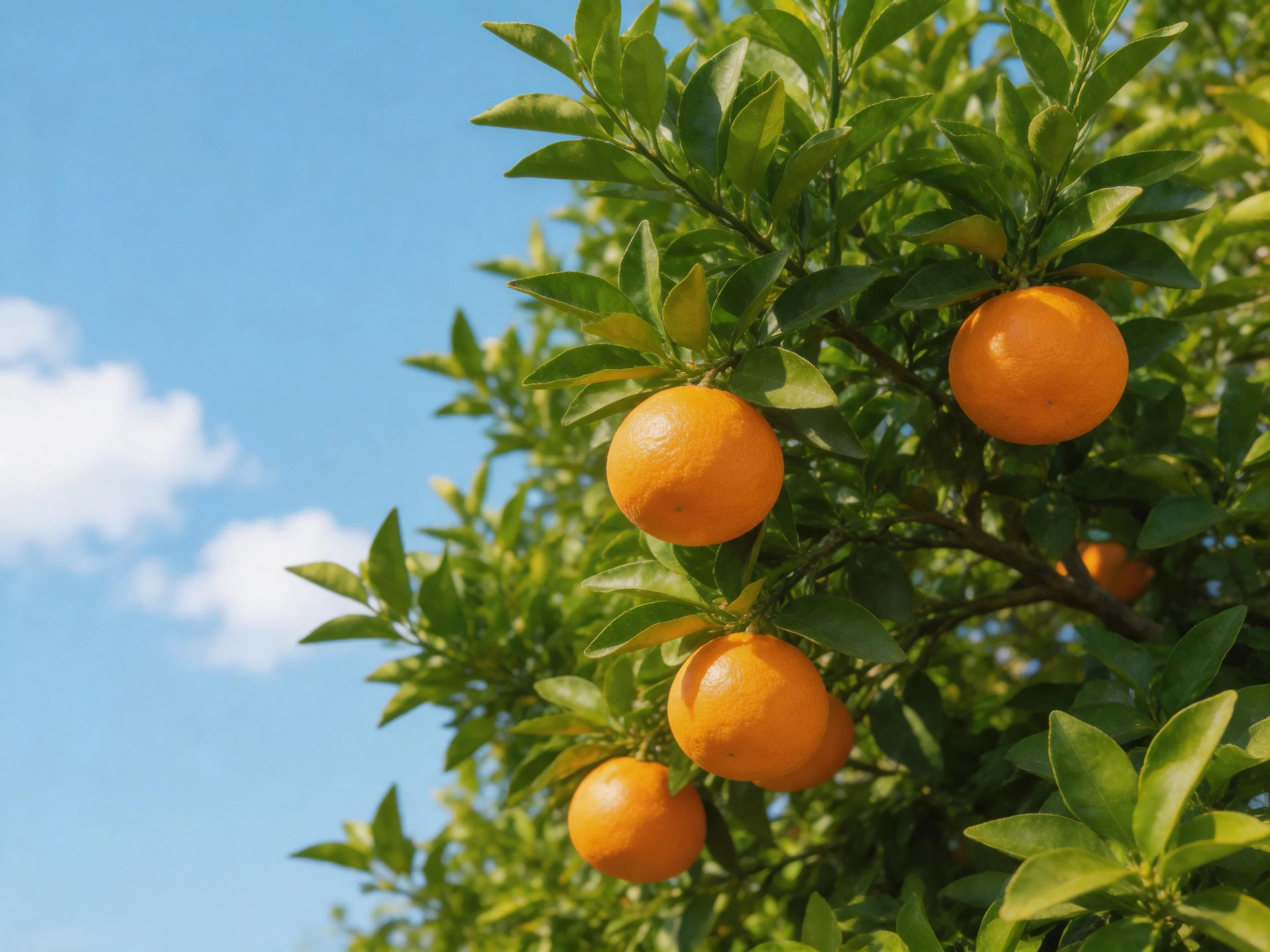 Vibrant orange fruits hang from a lush green citrus tree under a clear blue sky