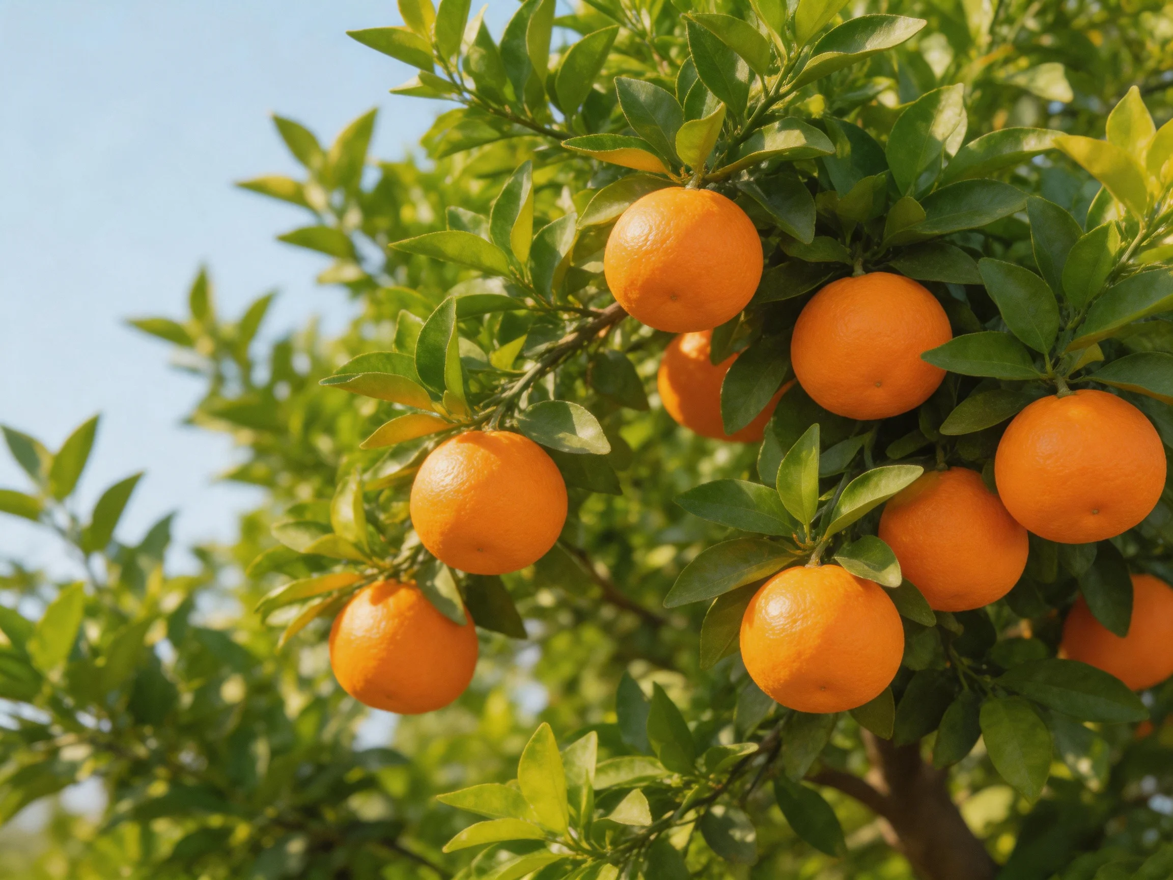Vibrant orange fruits hang from lush green citrus branches under clear blue sky