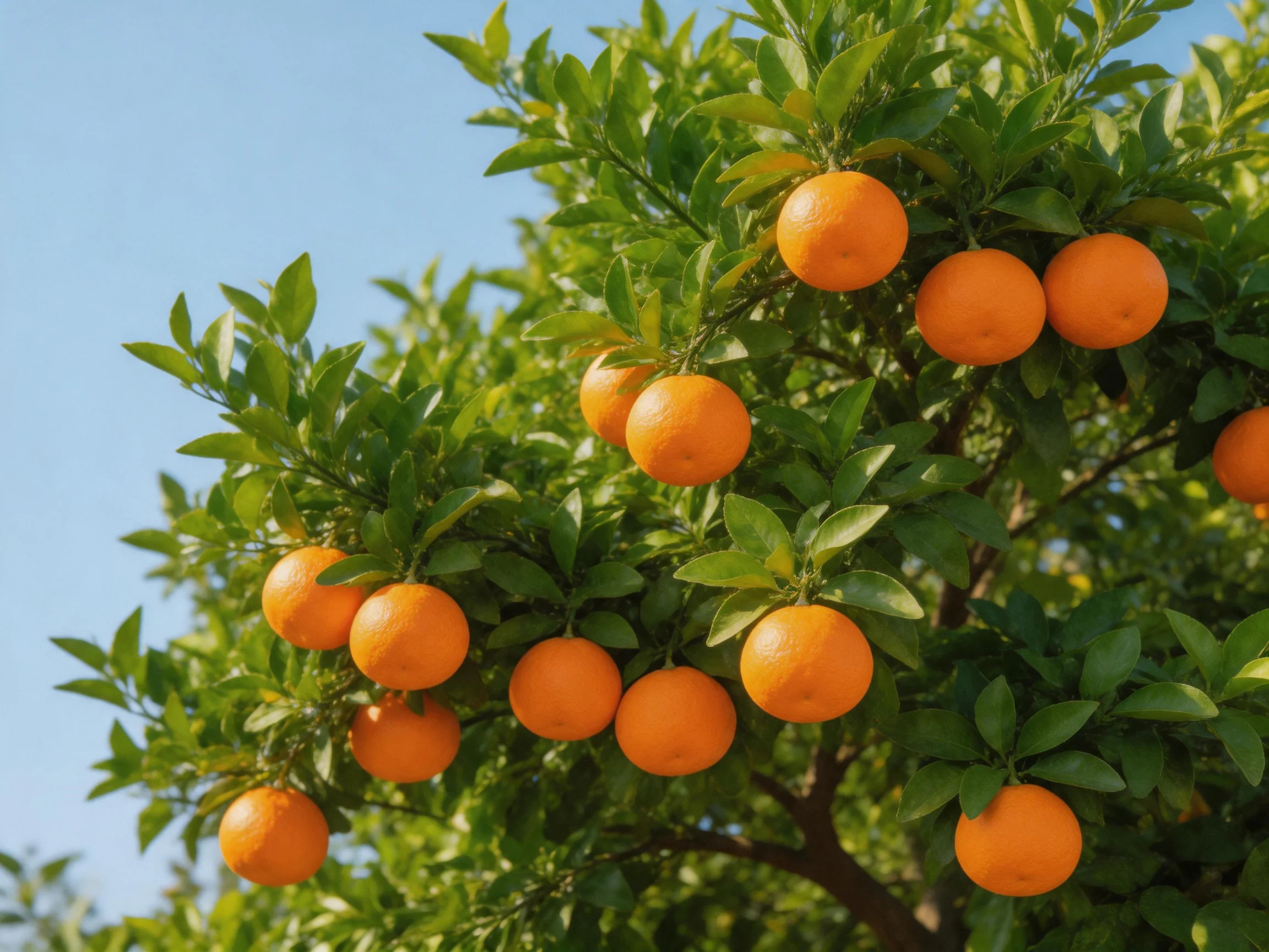 Vibrant orange fruits hang from lush green citrus branches under clear blue sky