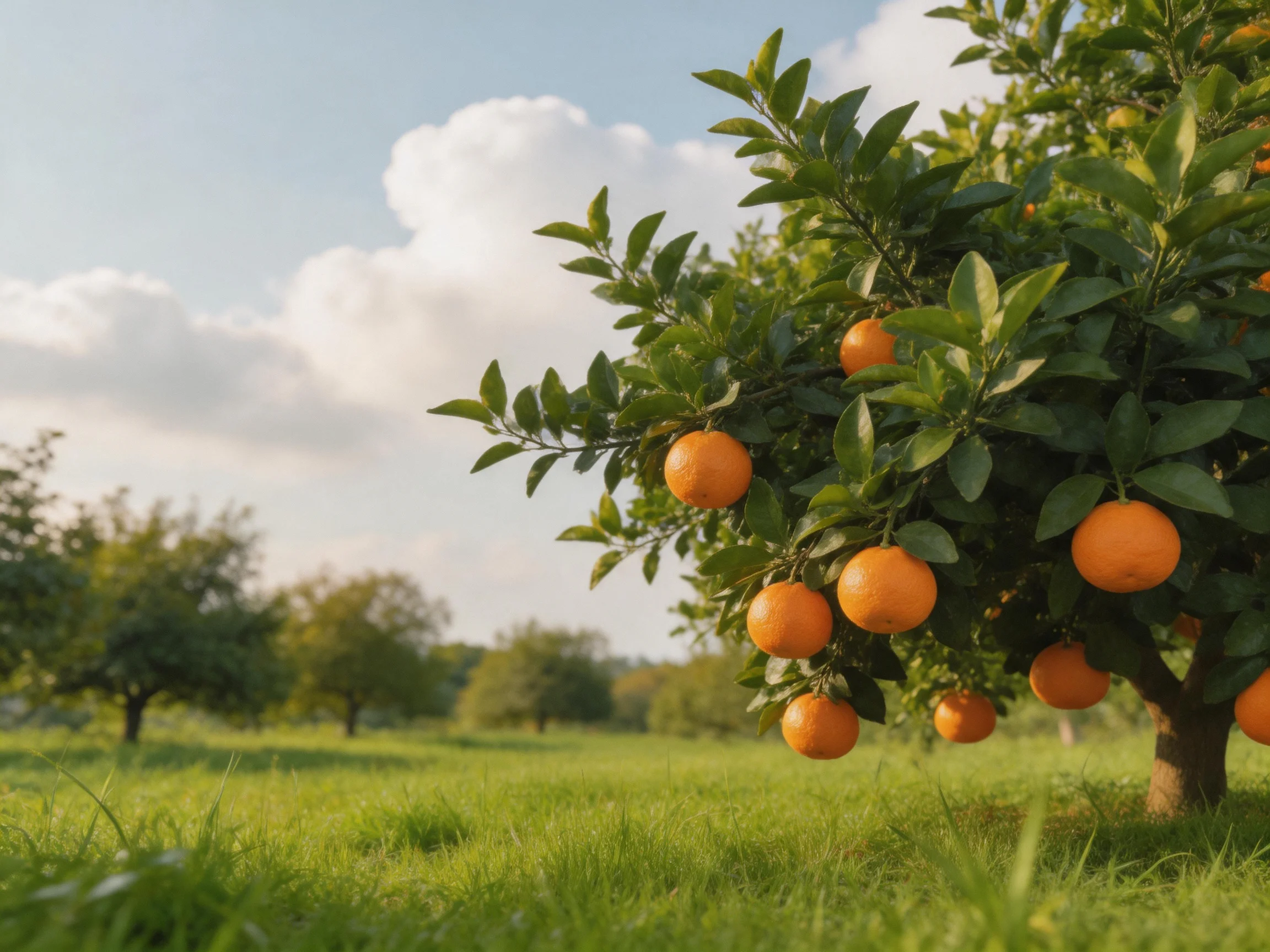 Vibrant orange fruits hang from lush trees in a sun-drenched orchard