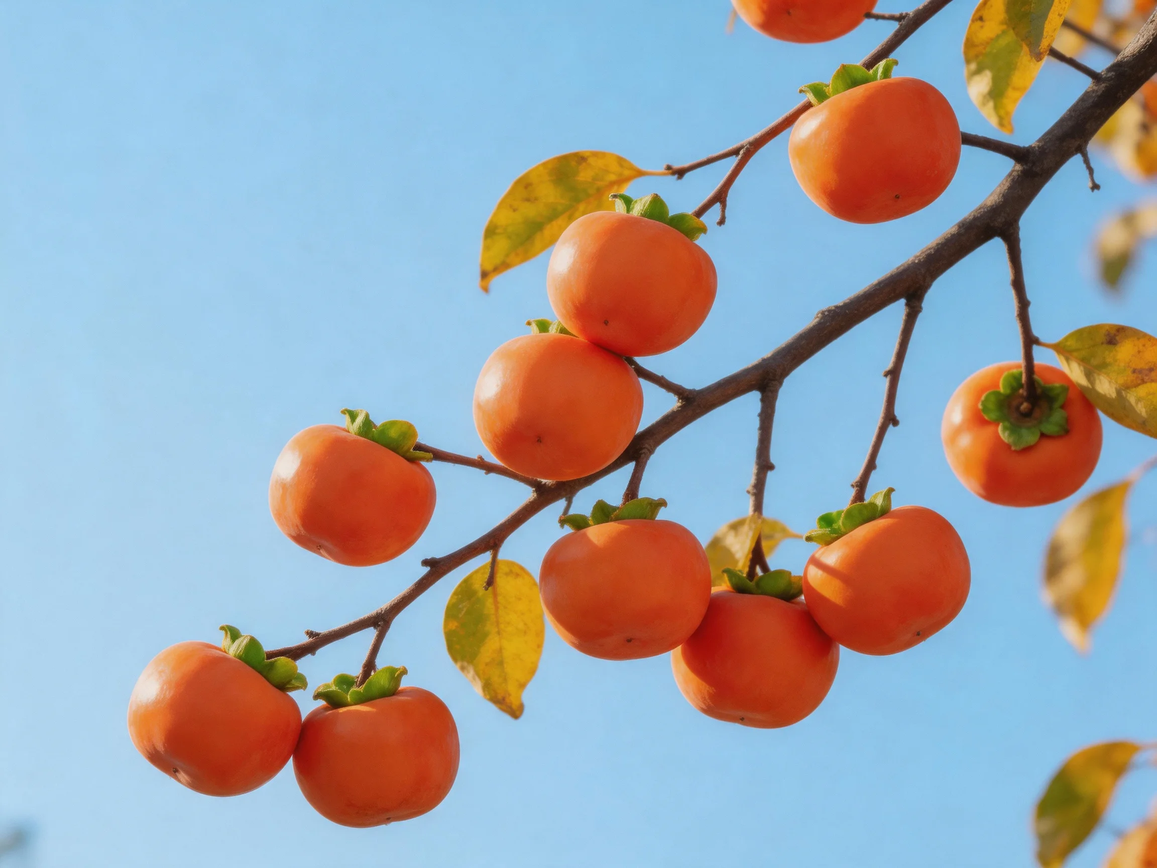 Vibrant orange persimmons cluster on a tree branch against clear blue sky