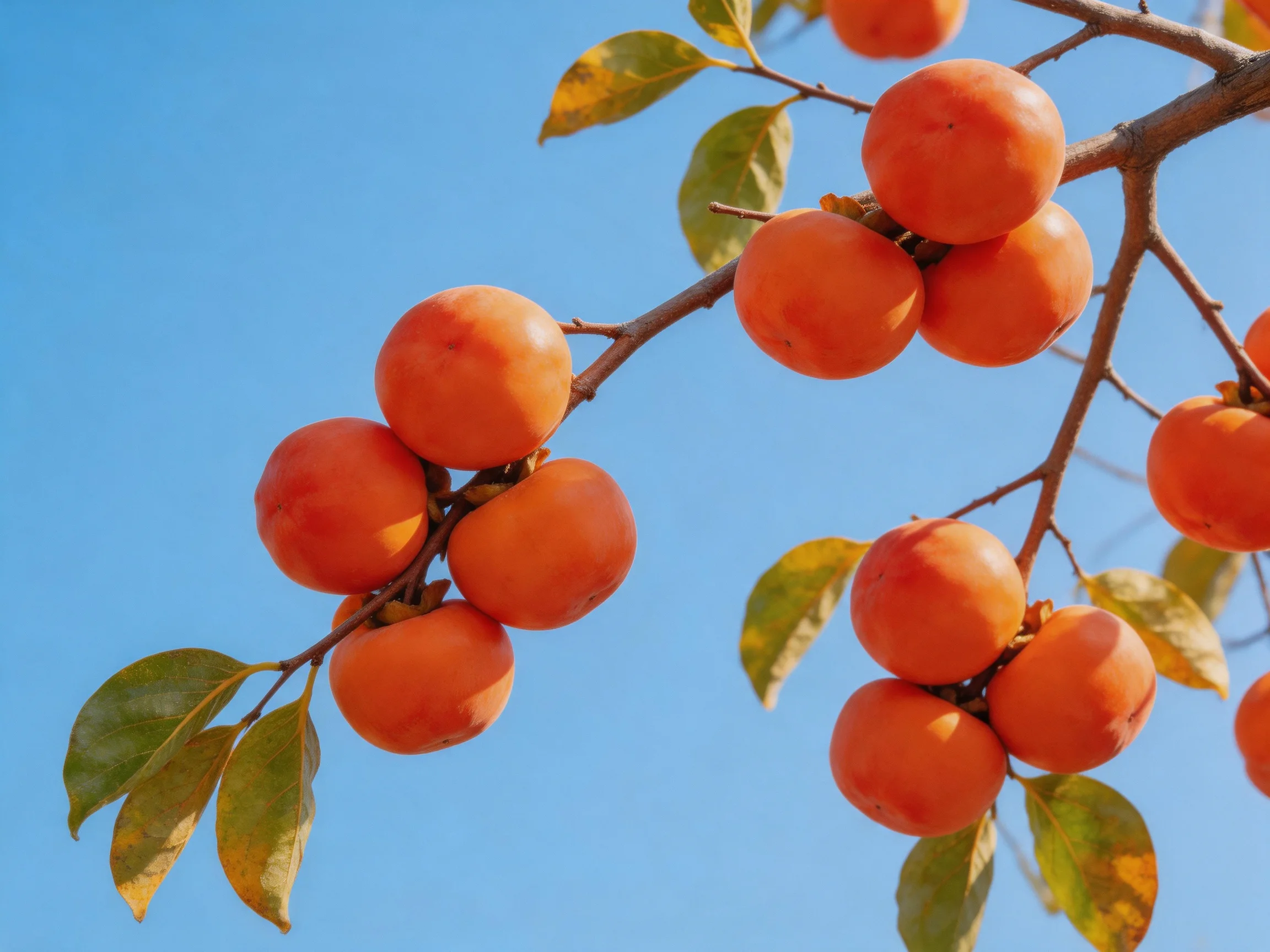 Vibrant orange persimmons cluster on branches against clear blue sky