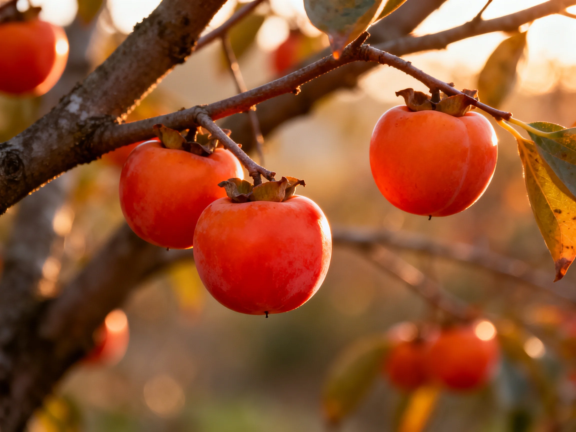 Vibrant orange persimmons hang from gnarled tree branches in golden light