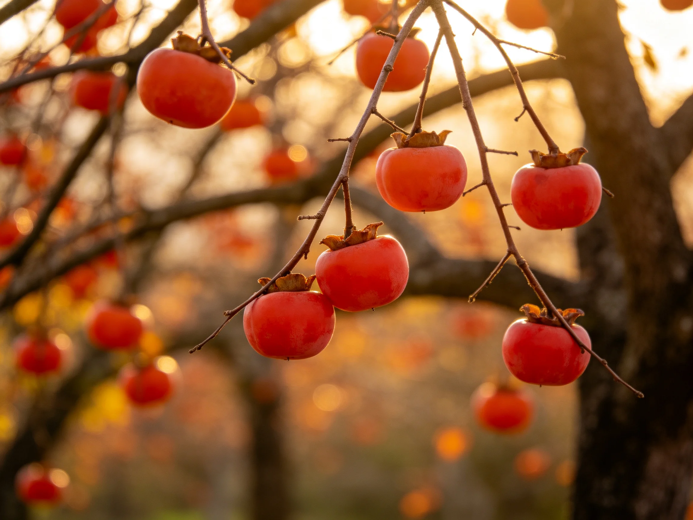 Vibrant orange persimmons hang from slender tree branches in golden light