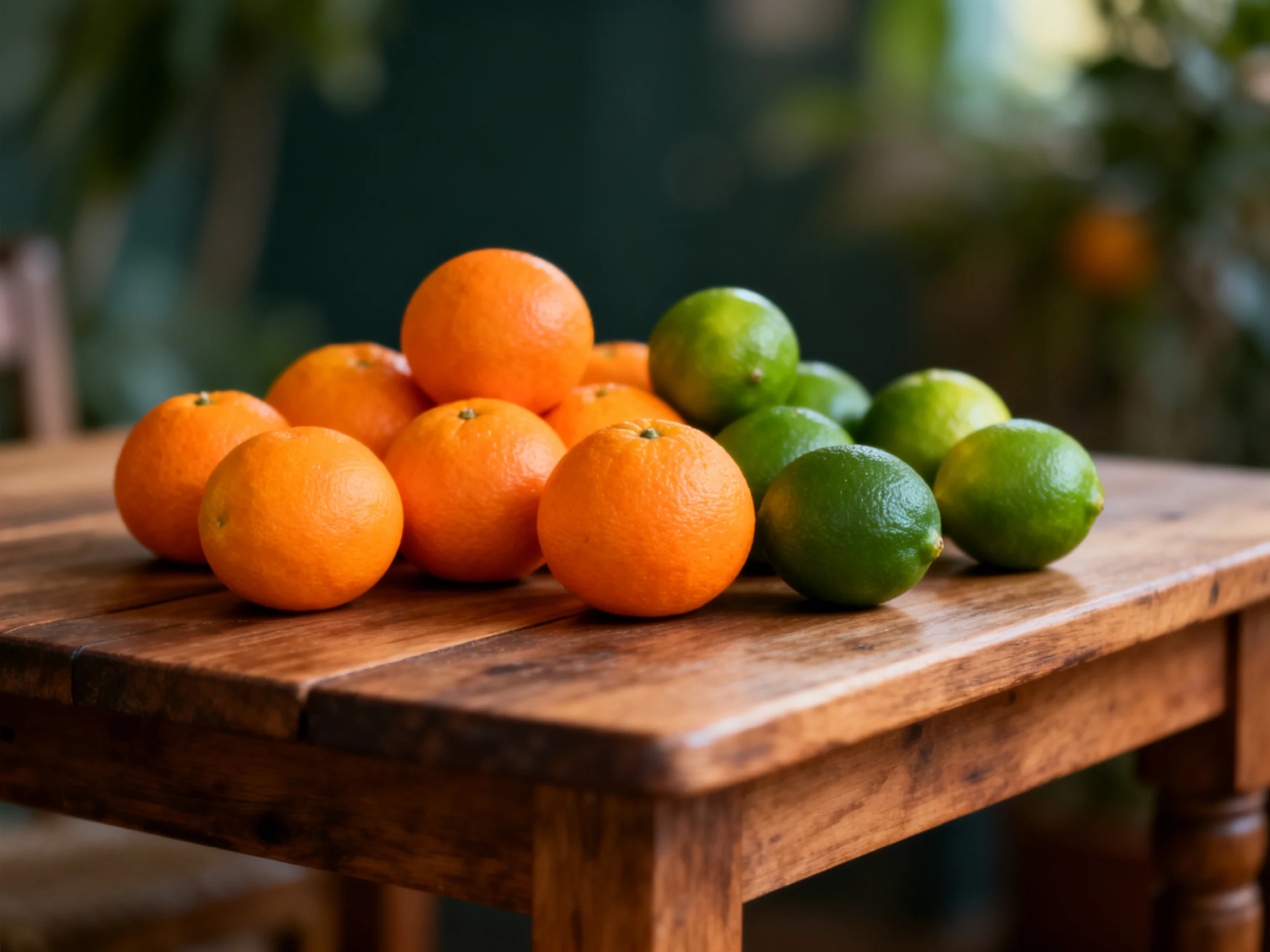 Vibrant oranges and limes arranged on a wooden table