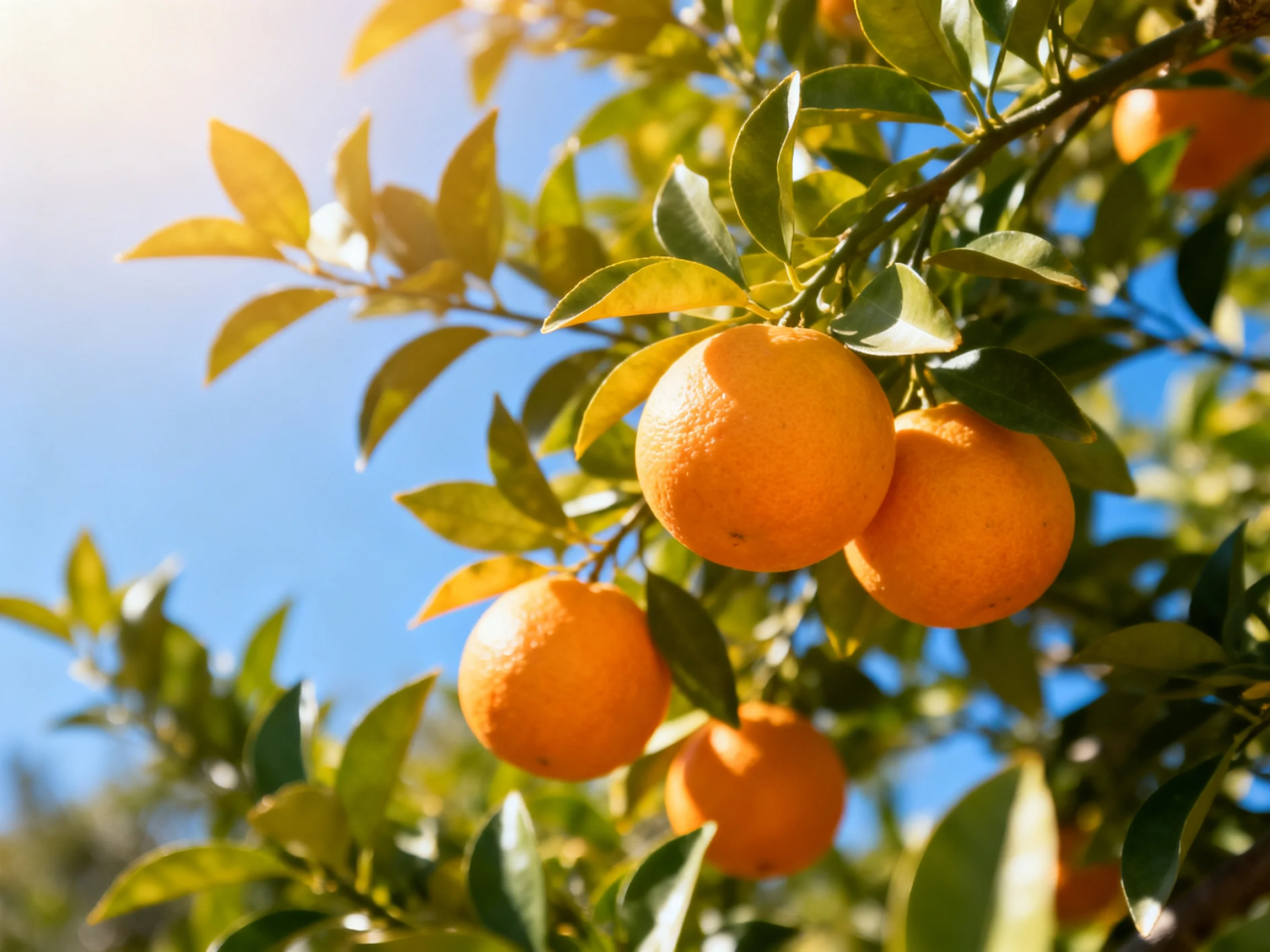 Vibrant oranges hang from a leafy tree under clear blue skies