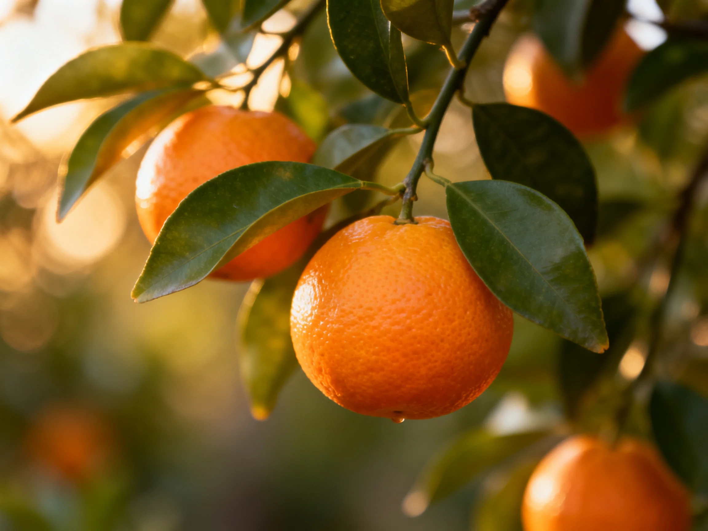 Vibrant oranges hang from a tree with glossy green leaves under warm sunlight