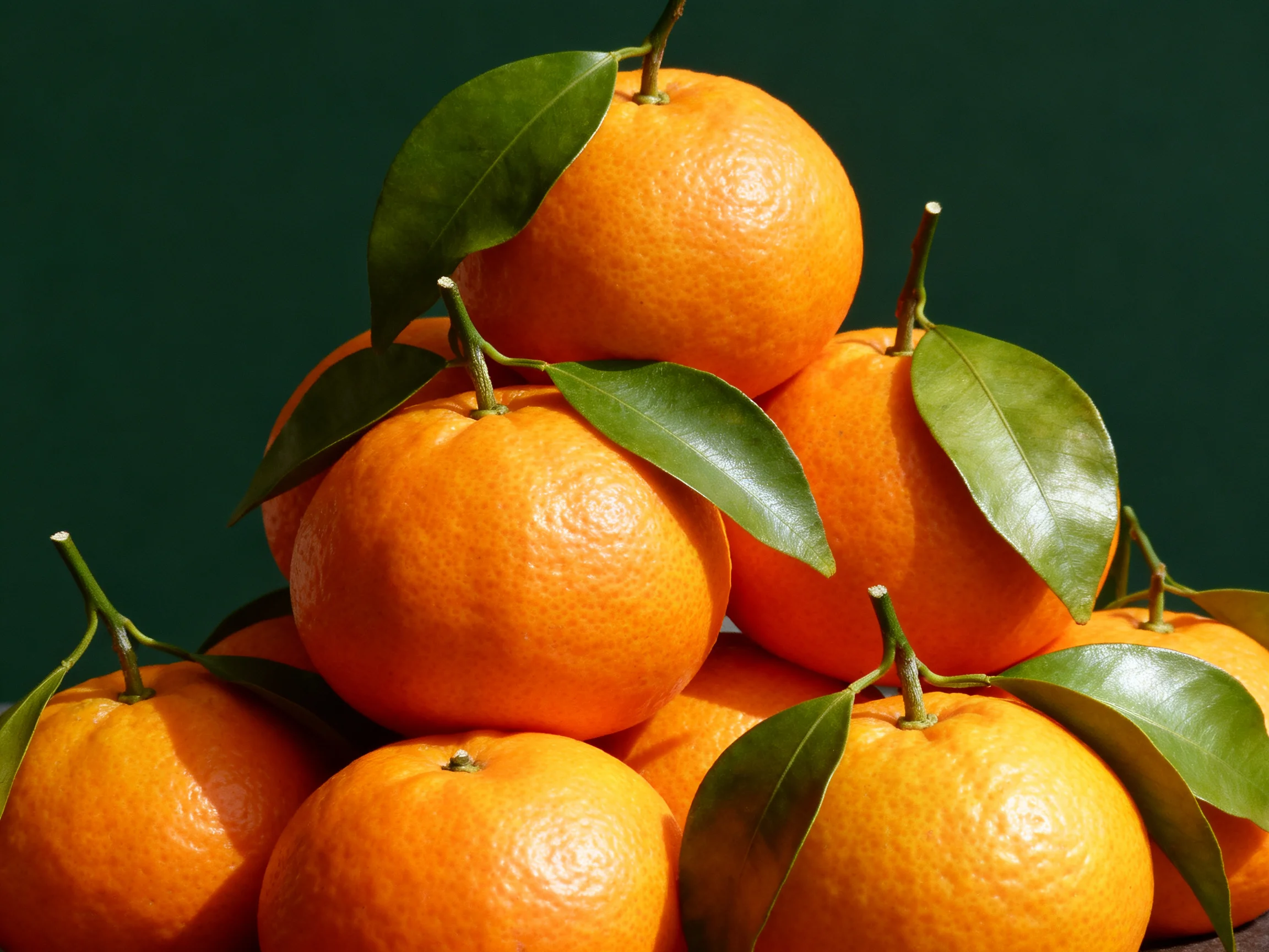 Vibrant oranges stacked in a pyramid with green leaves