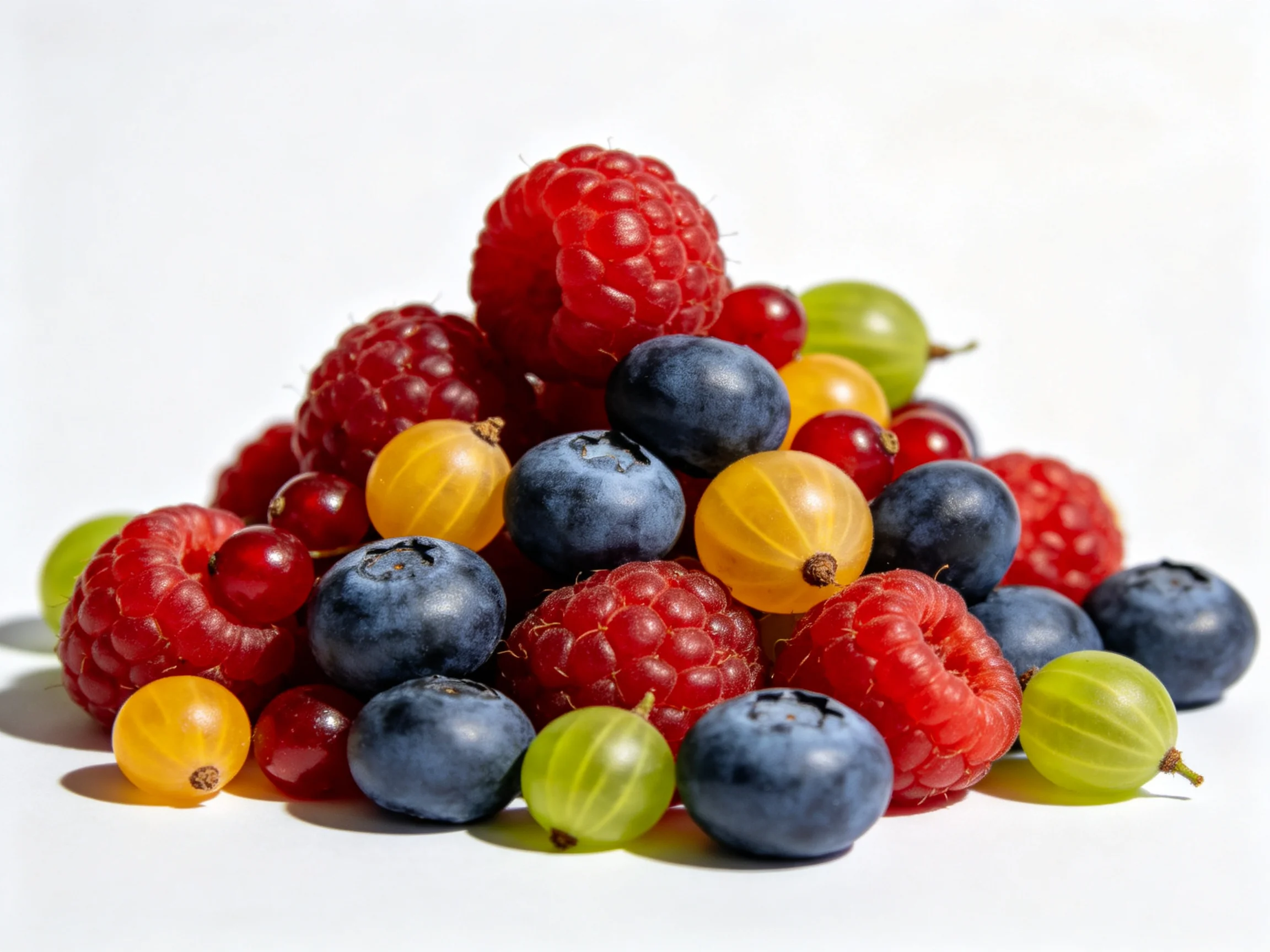Vibrant pile of assorted berries including raspberries, blueberries, and golden-green currants