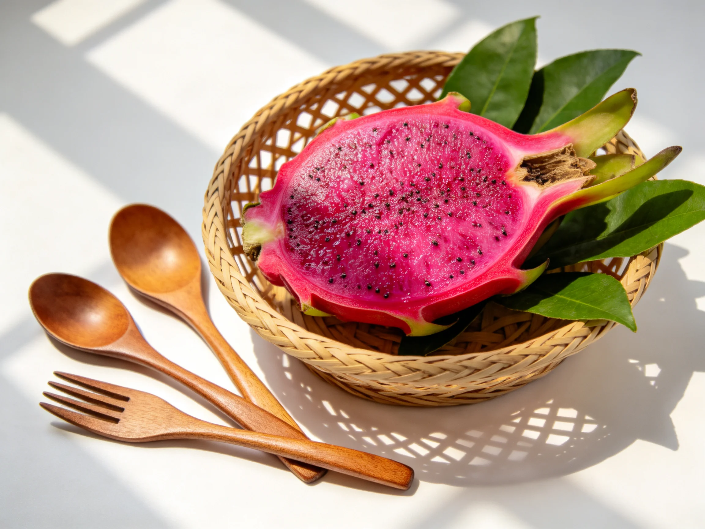 Vibrant pink dragon fruit in a woven basket with wooden utensils