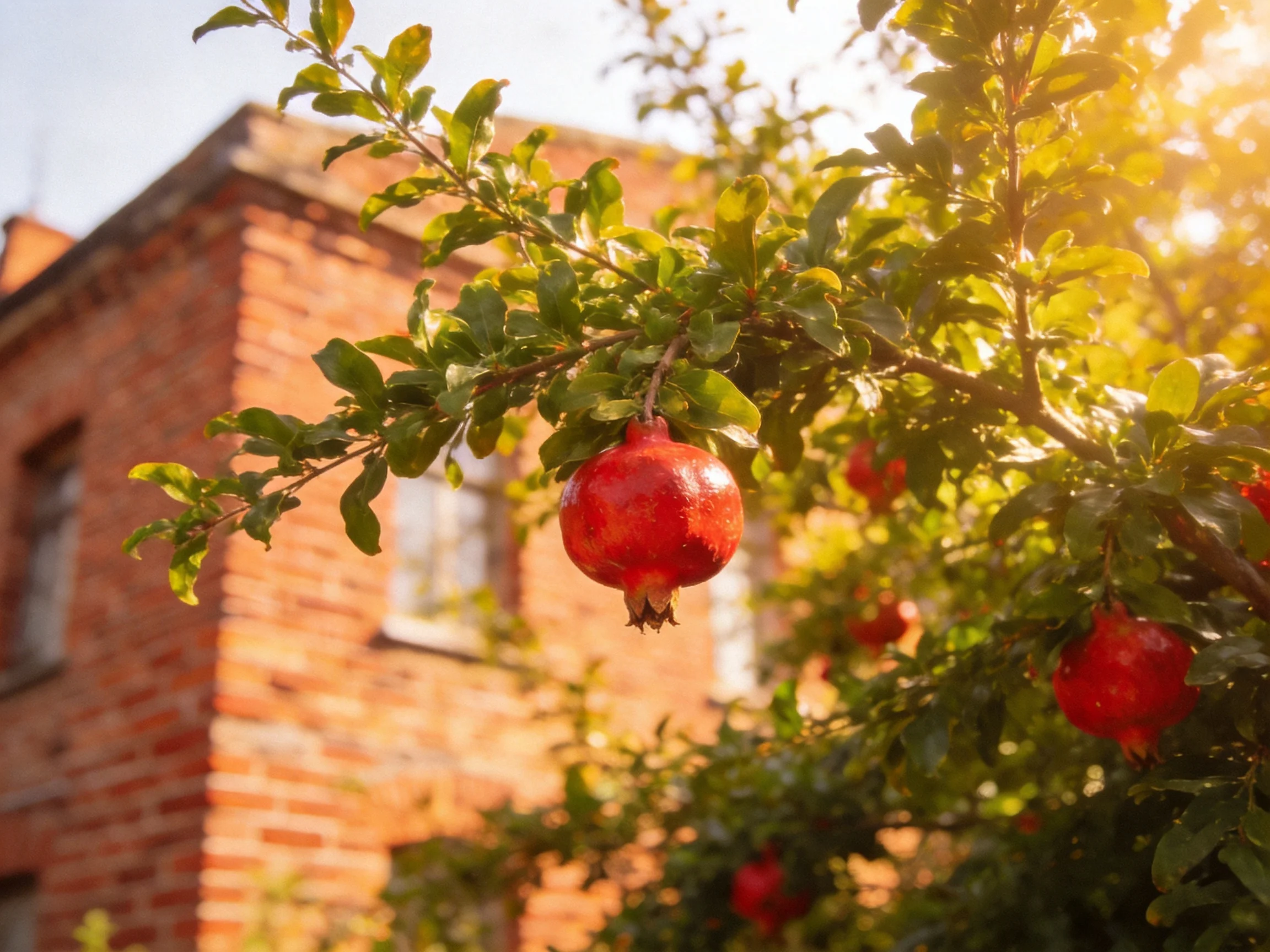 Vibrant pomegranates hang from a tree near an old brick building