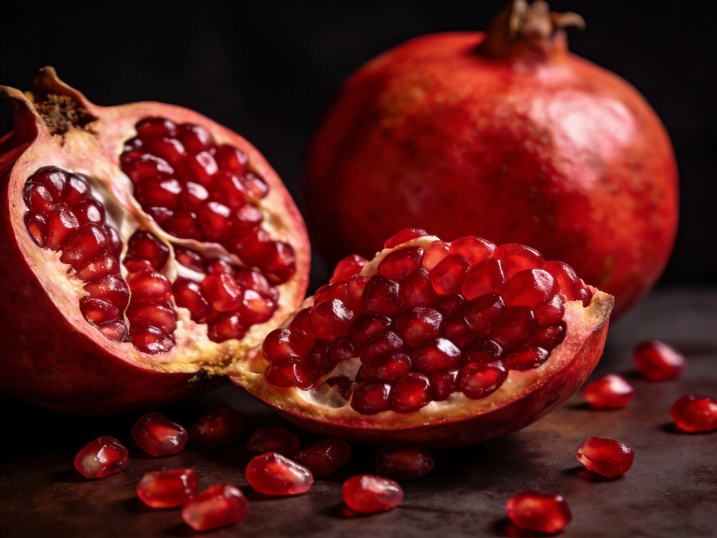 Vibrant pomegranates, including whole and cut varieties, display red seeds