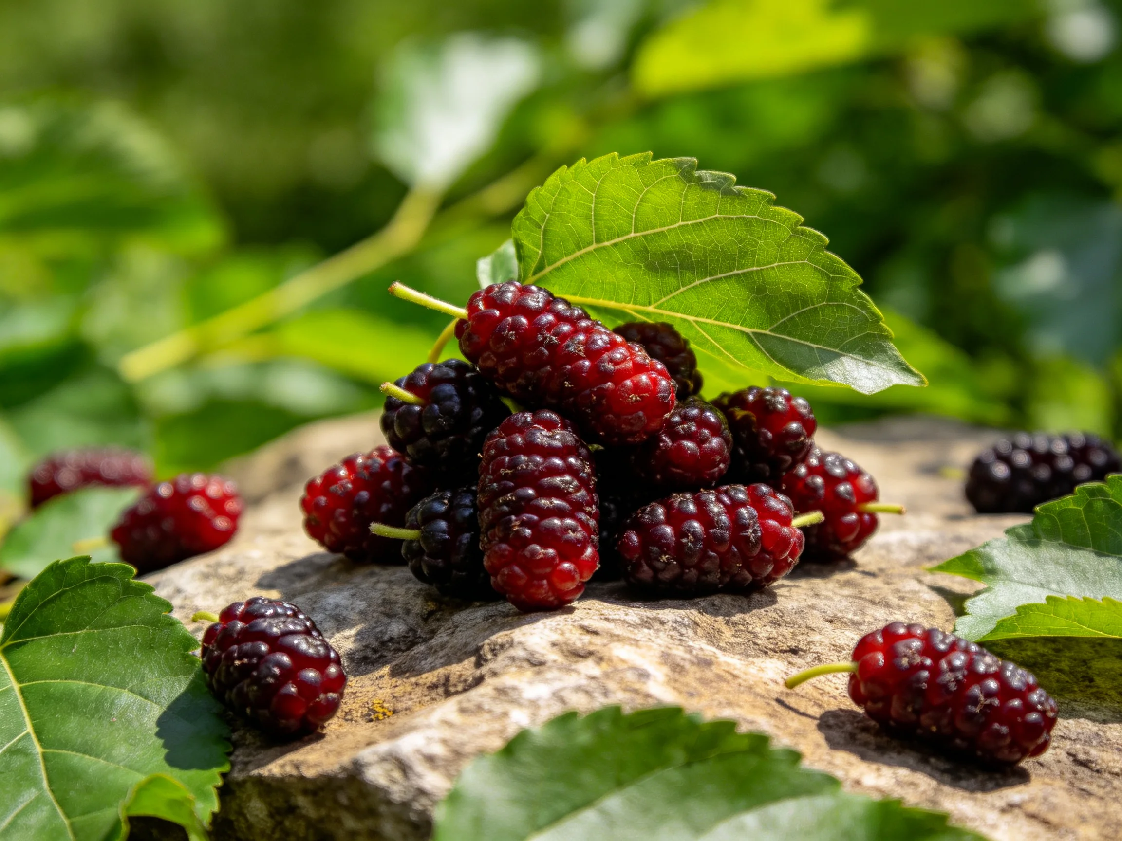 Vibrant red and dark purple mulberries piled on a stone with green leaves
