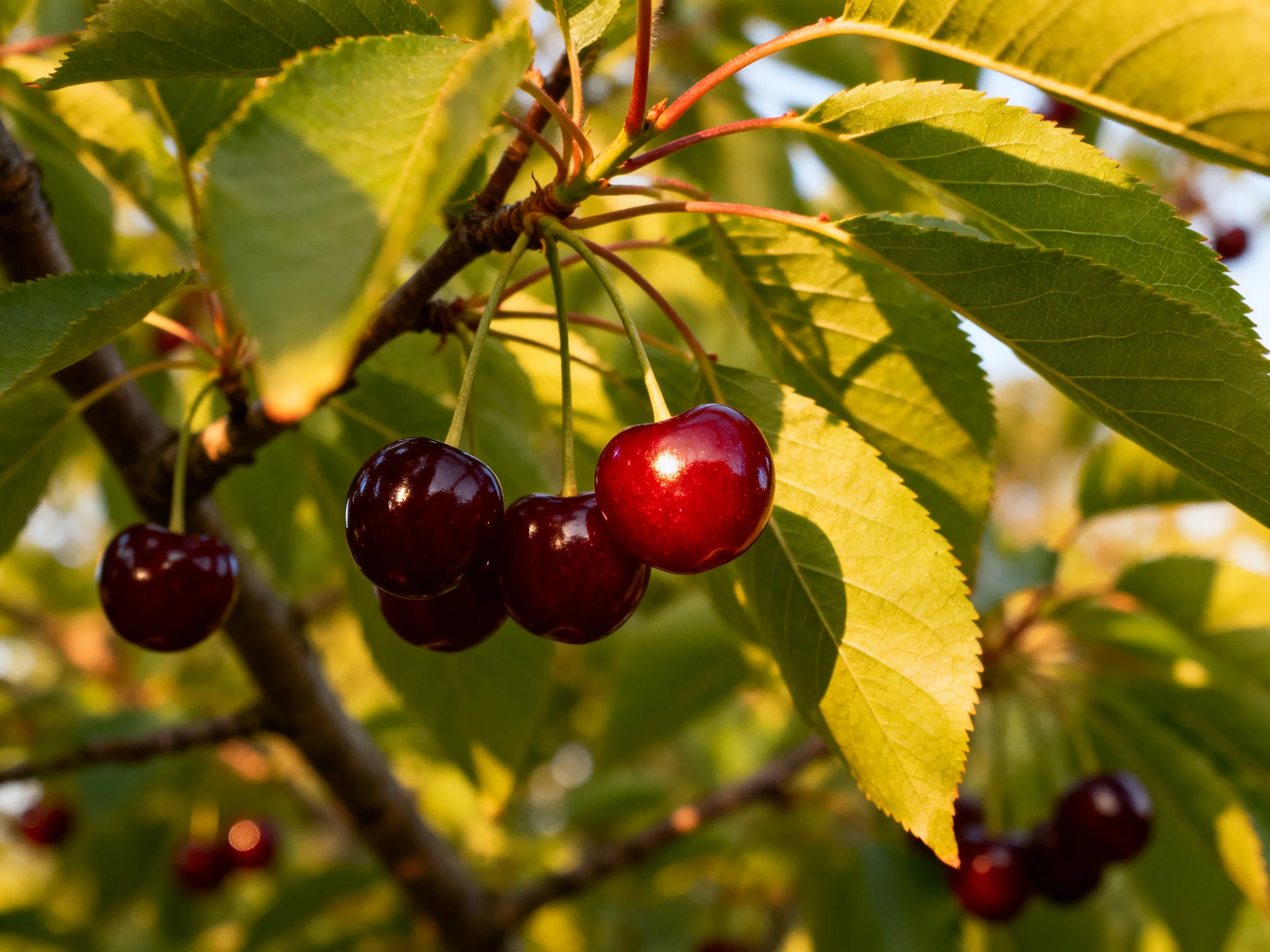 Vibrant red and deep purple cherries cluster on a tree branch with green foliage